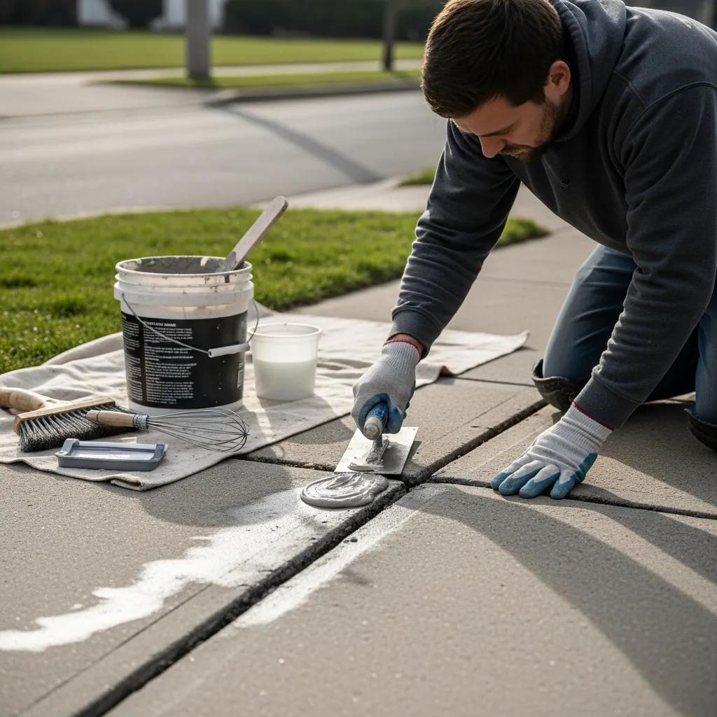Professional repairing a sidewalk crack with concrete patching compound