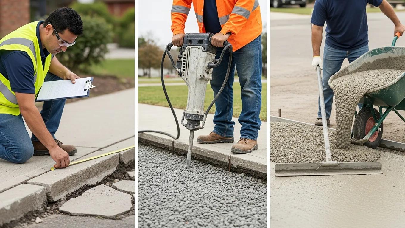 Professional sidewalk replacement process showing assessment and installation steps