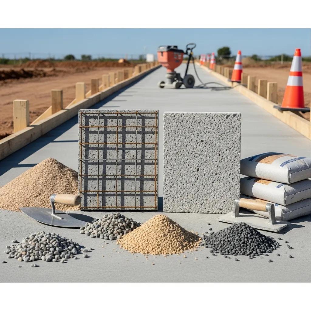 Samples of reinforced and air-entrained concrete materials, including gravel, sand, and cement bags, on a sidewalk construction site, highlighting durable walkway preparation techniques.