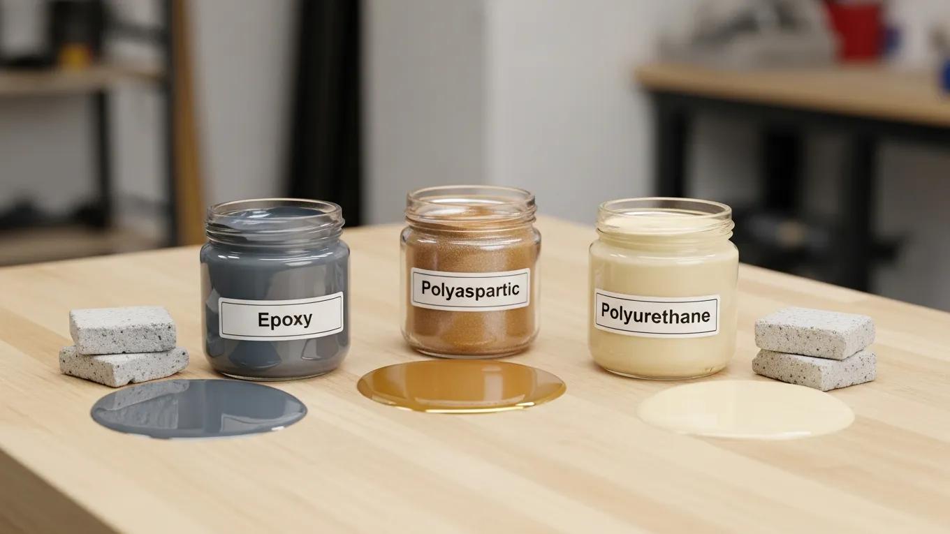 Samples of various concrete floor coatings including epoxy, polyaspartic, and polyurethane, highlighting options for homeowners