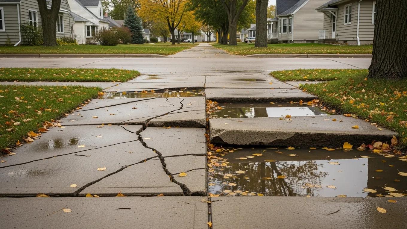 Signs of sidewalk damage including cracks and uneven surfaces
