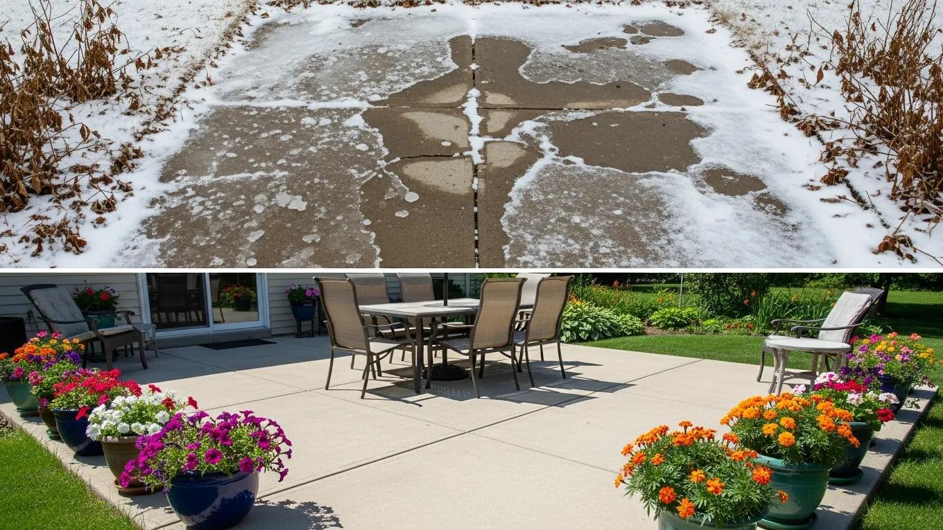 Split view of concrete patio in winter and summer, illustrating seasonal impacts on maintenance