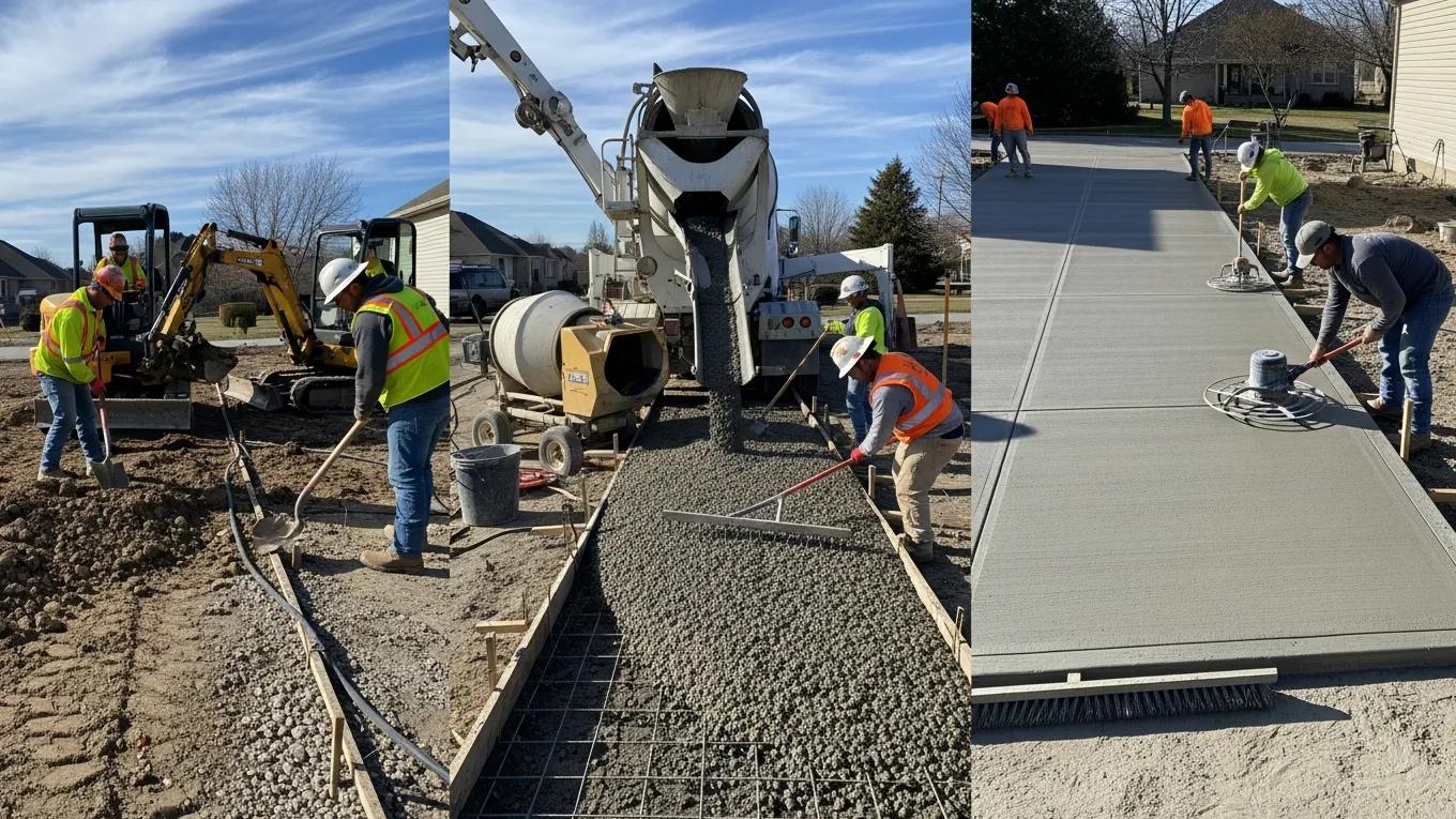 Stages of concrete driveway installation process in Milwaukee