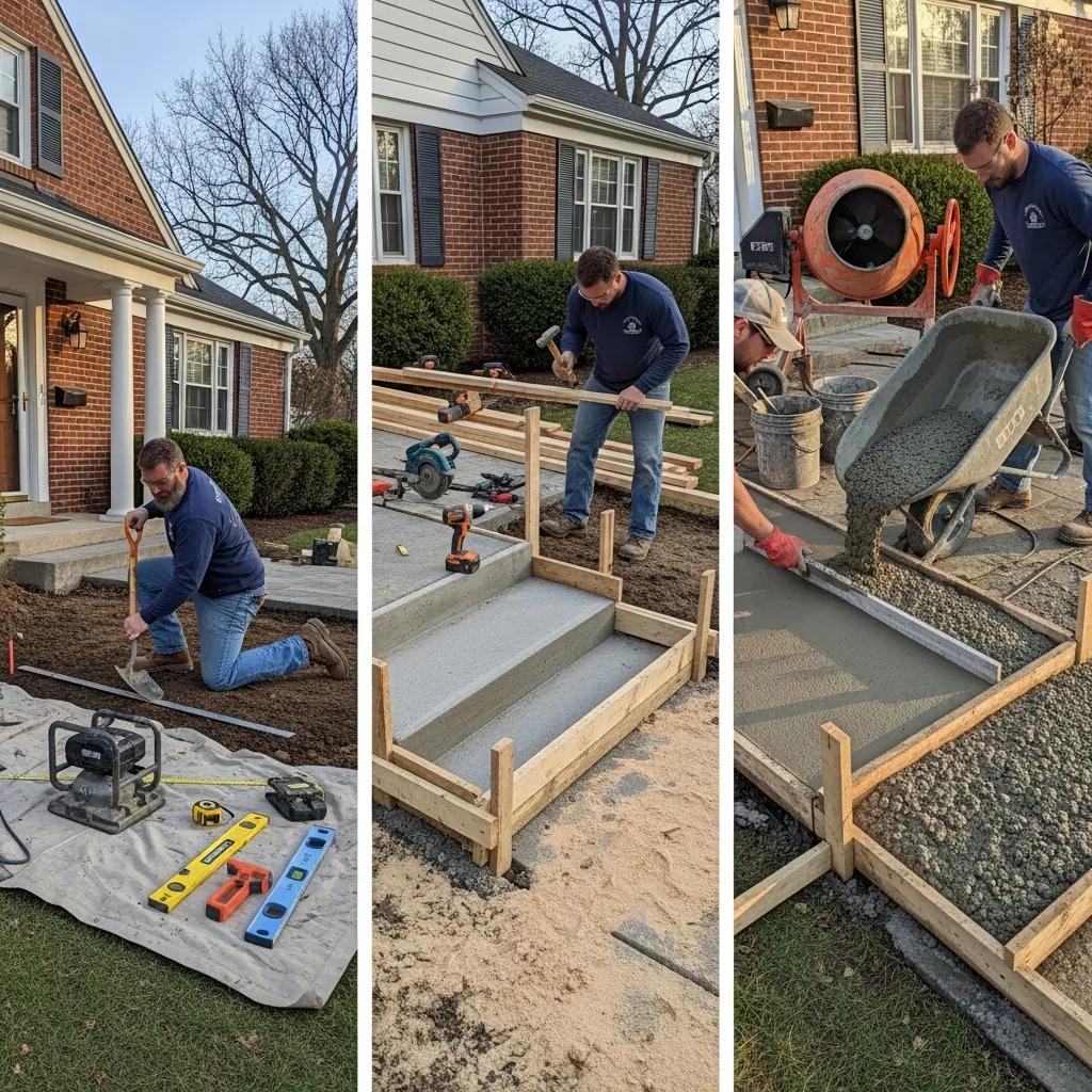 Concrete step installation process with workers preparing the site, setting forms, and pouring concrete for residential stairs in Wauwatosa, highlighting craftsmanship and safety features.