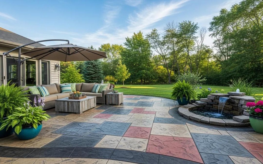 Stunning stamped concrete patio with natural stone appearance, outdoor furniture, and greenery