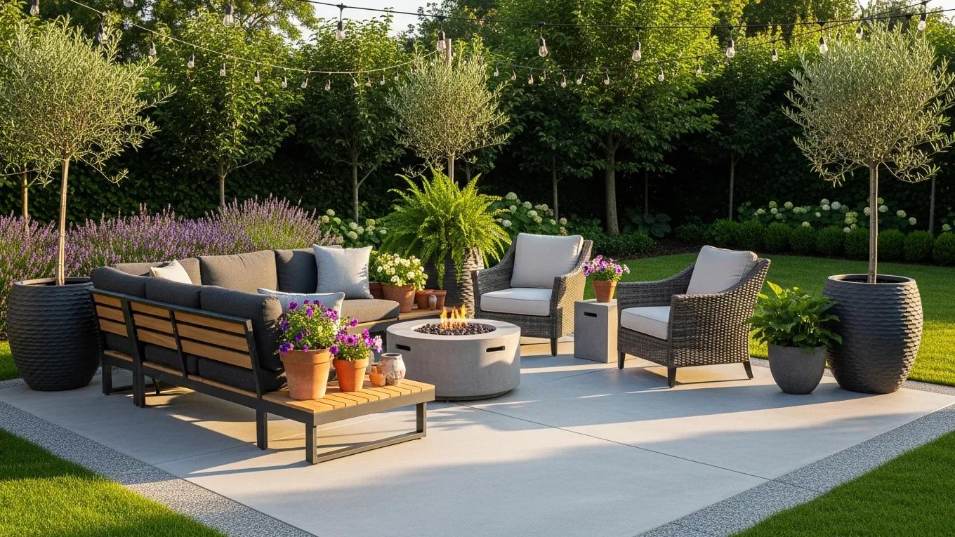 Stylish concrete patio with outdoor furniture enhancing outdoor living