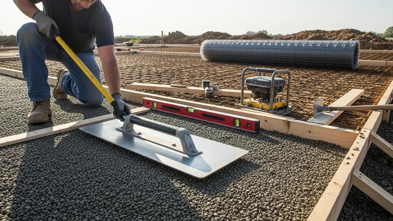 Surface preparation for concrete installation with a worker leveling the ground
