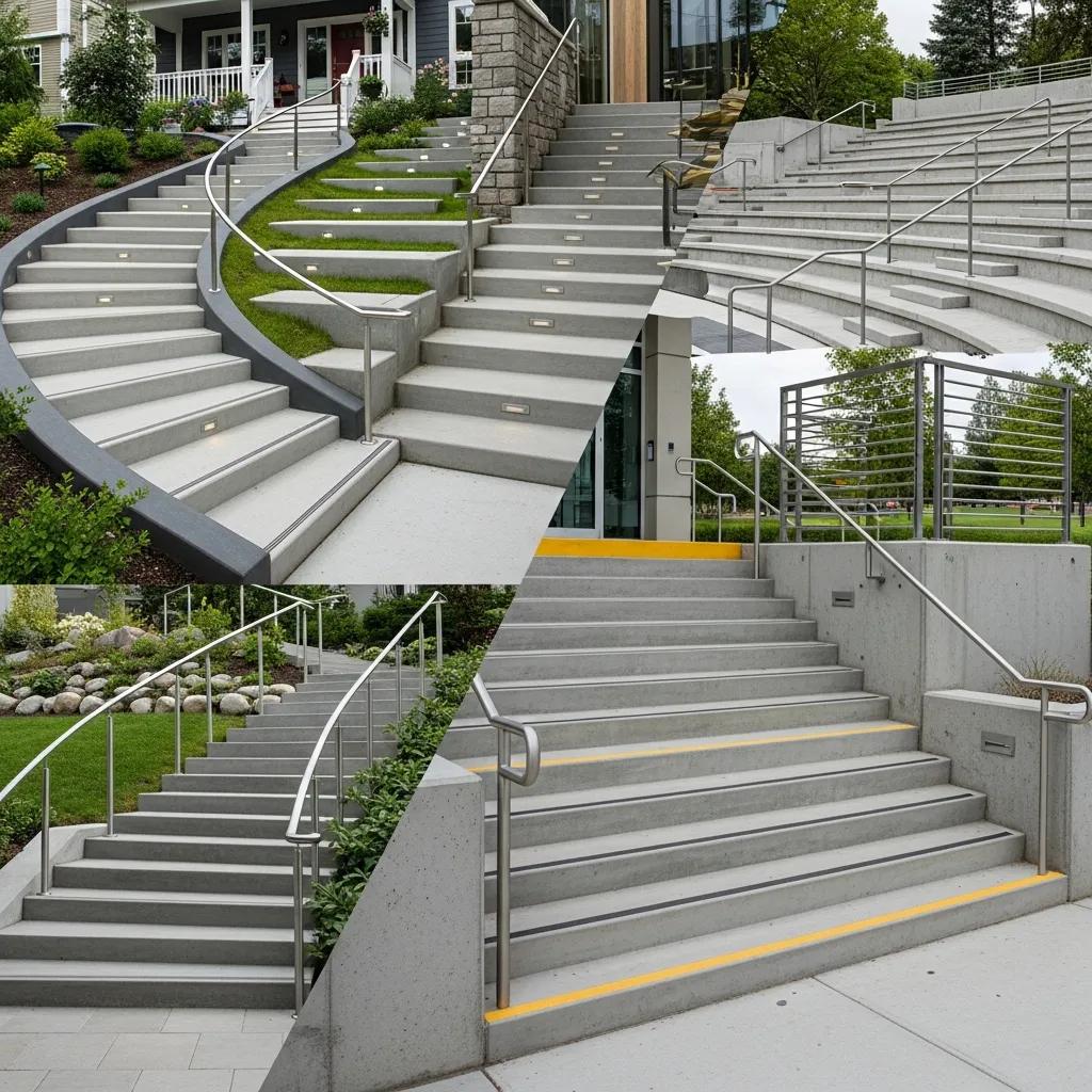 Variety of concrete steps and stairs featuring residential and commercial designs, showcasing safety features like handrails and non-slip surfaces, tailored for Wisconsin building codes.