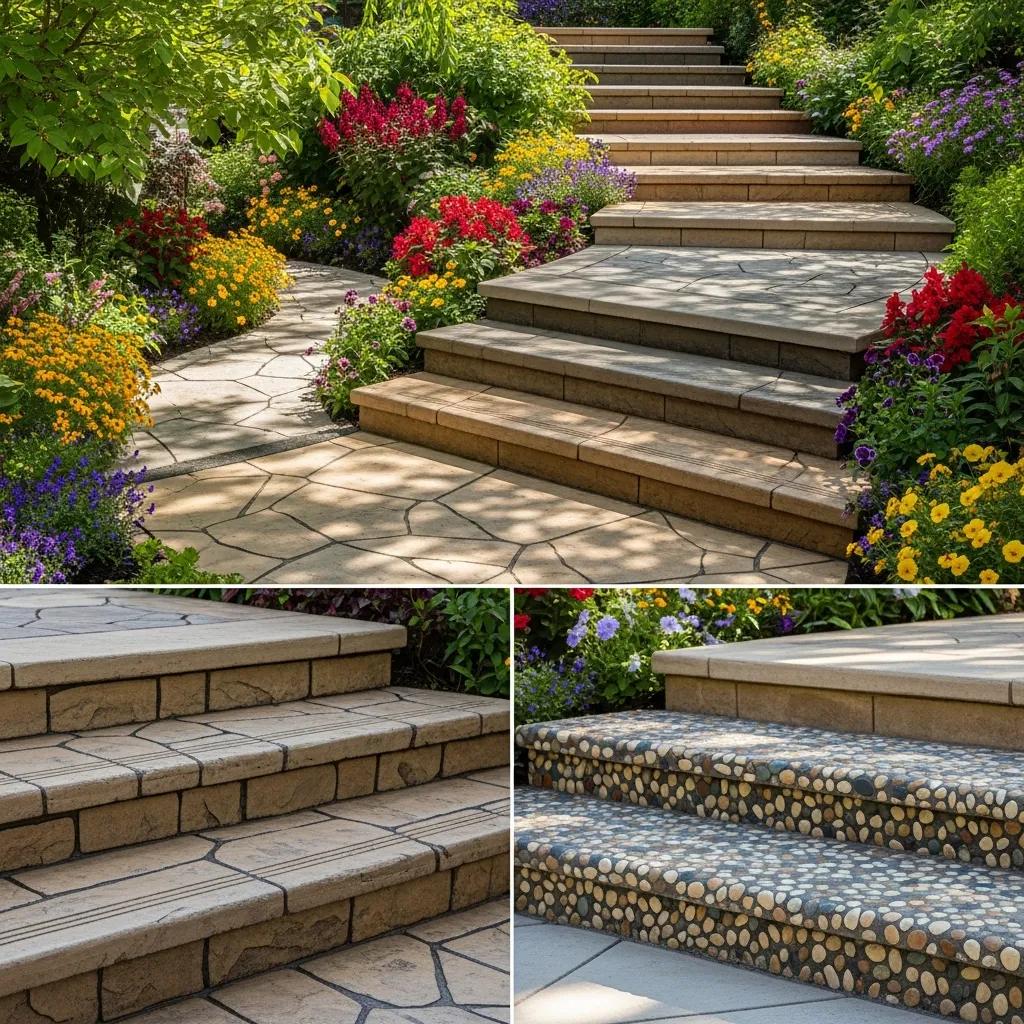 Variety of custom concrete steps in a garden setting, showcasing different colors, patterns, and textures, including stamped and exposed aggregate finishes, surrounded by vibrant flowers.