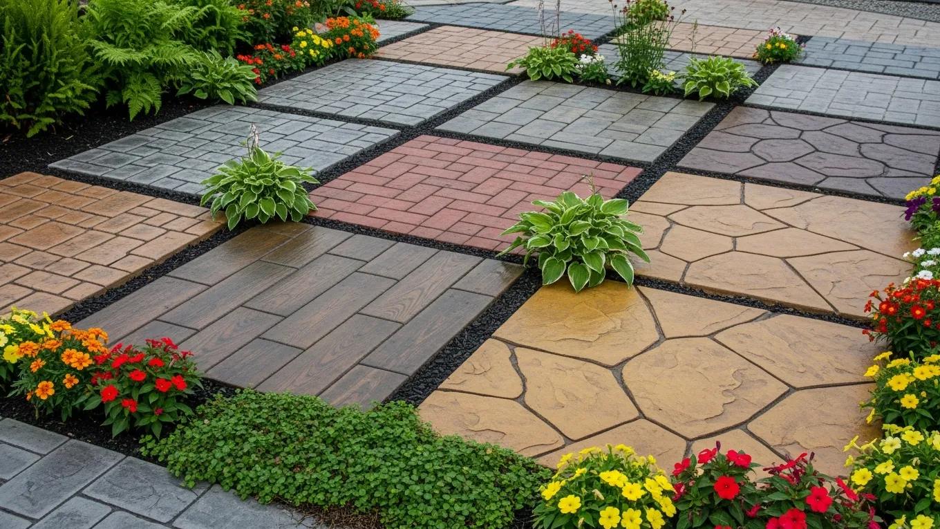 Variety of custom stamped concrete designs showcasing personalization options