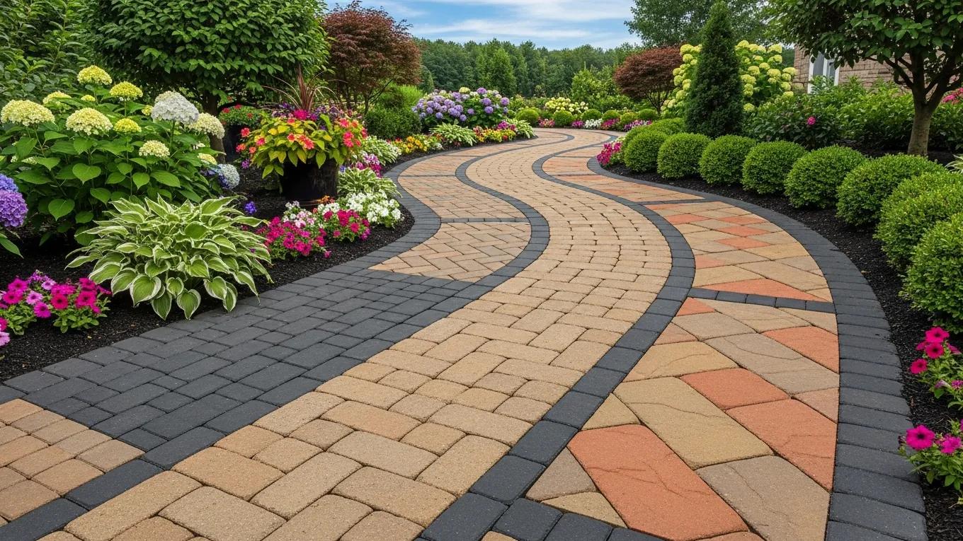 Variety of paver walkway designs in a landscaped garden setting