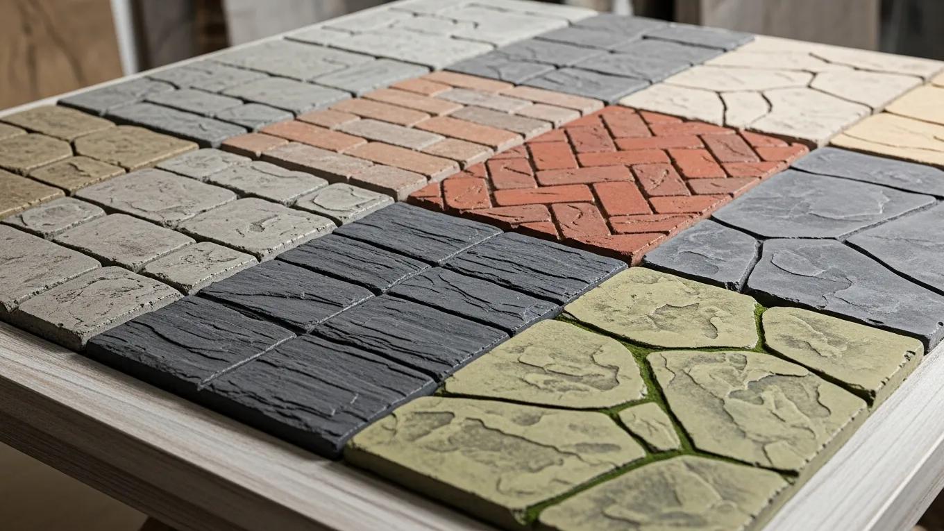 Variety of stamped concrete samples showcasing different patterns and colors for customization
