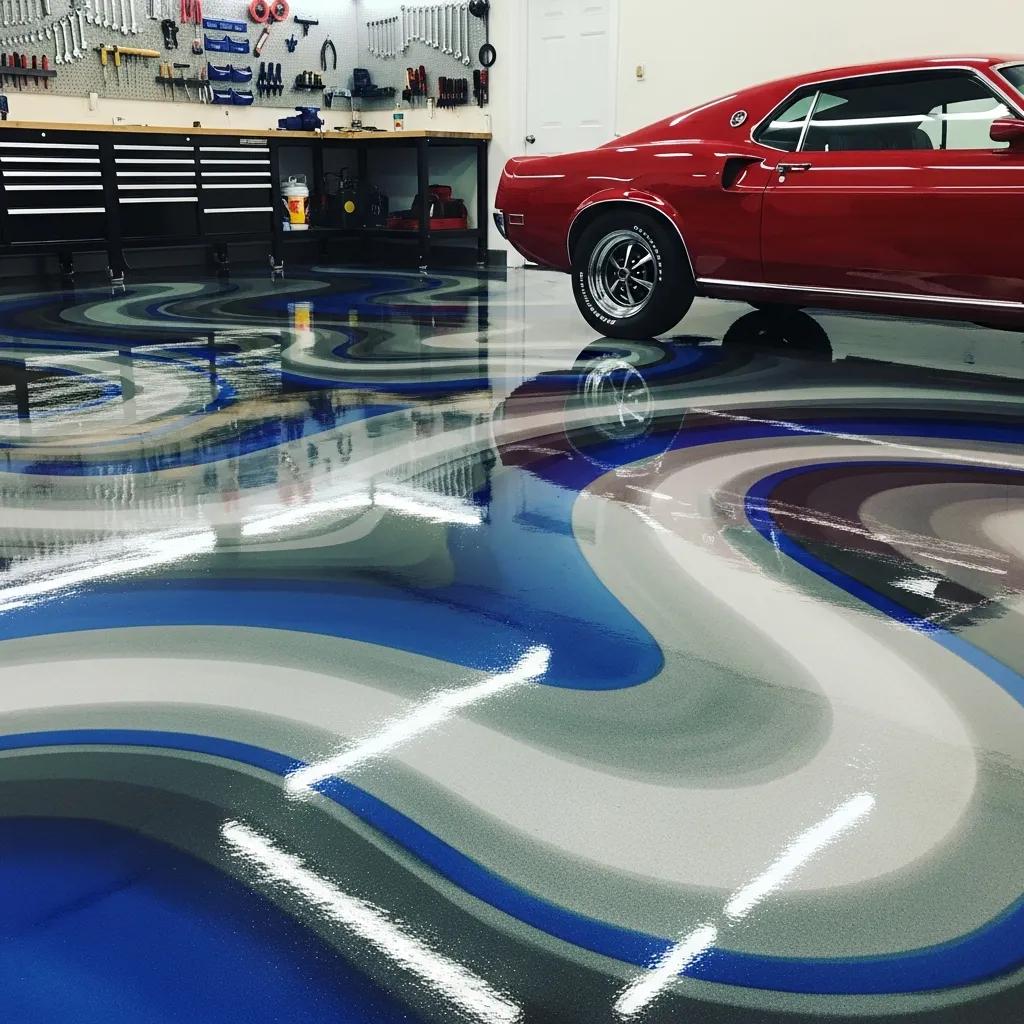 Vibrant epoxy-coated garage floor showcasing glossy finish and colorful design
