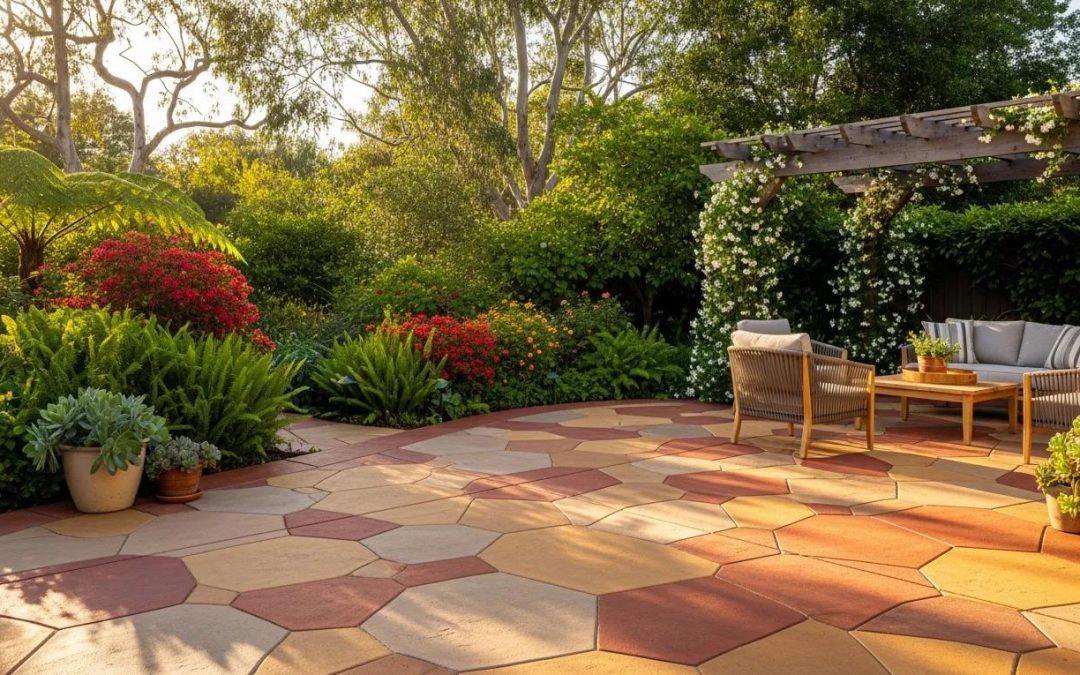 Vibrant residential patio made of colored concrete with lush greenery