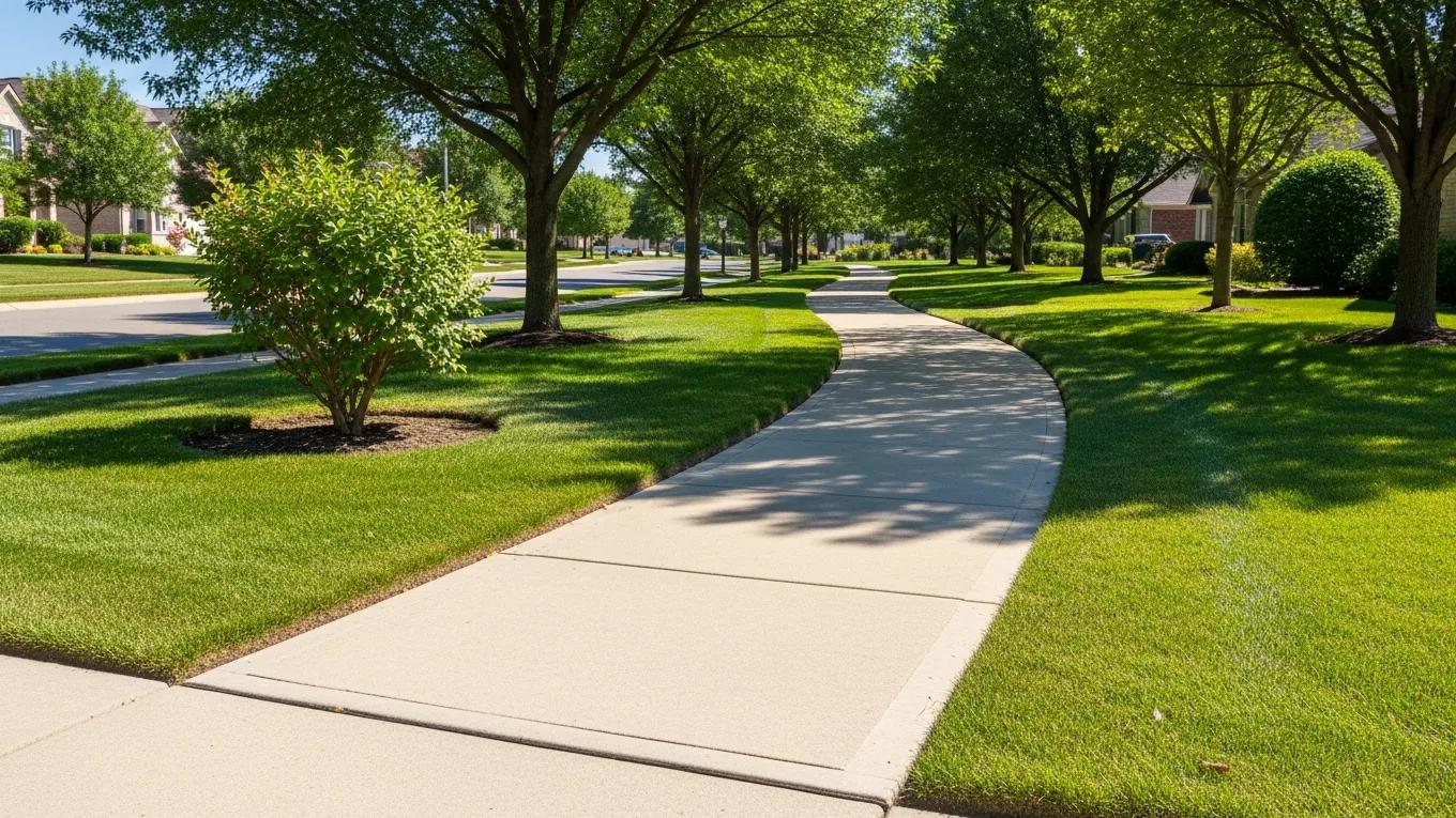 Well-maintained concrete sidewalk winding through a lush residential area, surrounded by green grass and trees, emphasizing safety and aesthetics for homeowners in Milwaukee.