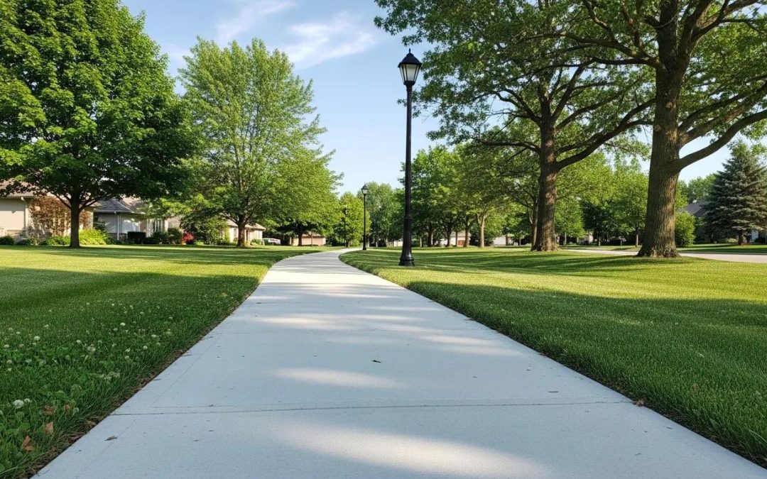 Well-maintained concrete sidewalk in a Wisconsin residential area
