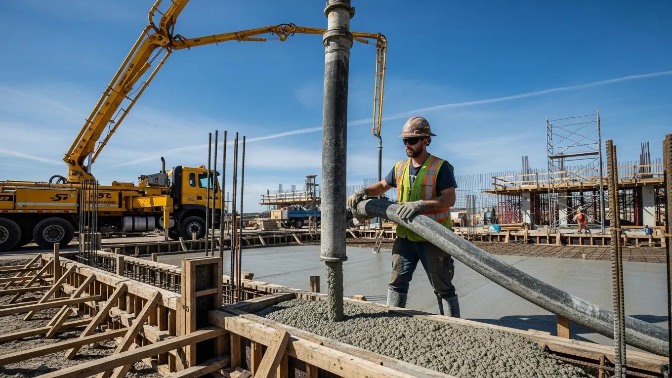 Worker using a pump for concrete pouring techniques at a construction site