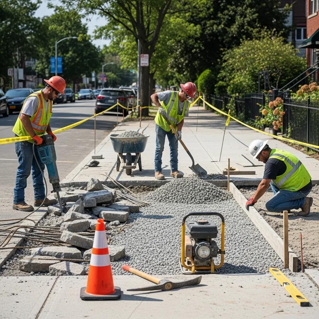 Workers excavating old concrete during sidewalk replacement process