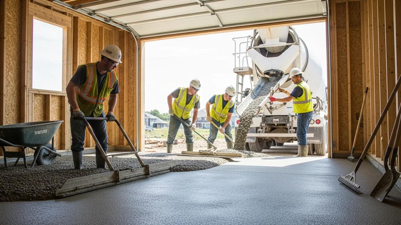 Workers installing a concrete garage floor, showcasing the professional process and quality materials involved