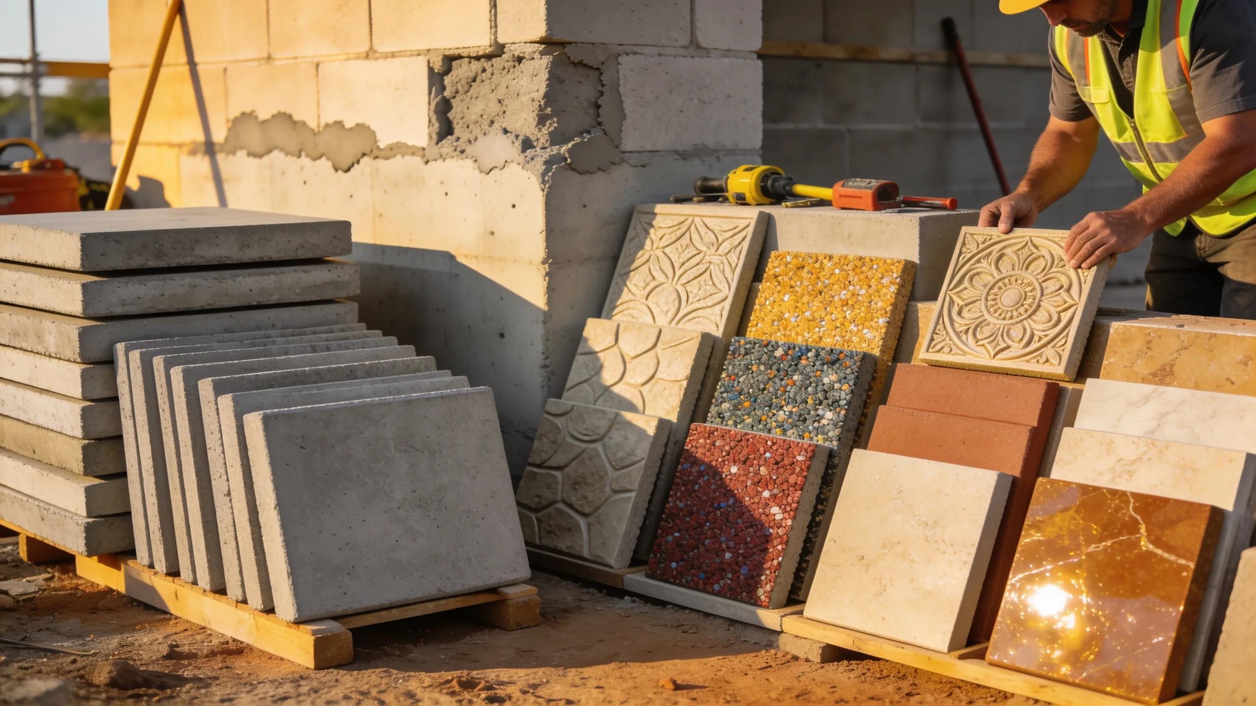 Decorative concrete samples and material options for Milwaukee project pricing.