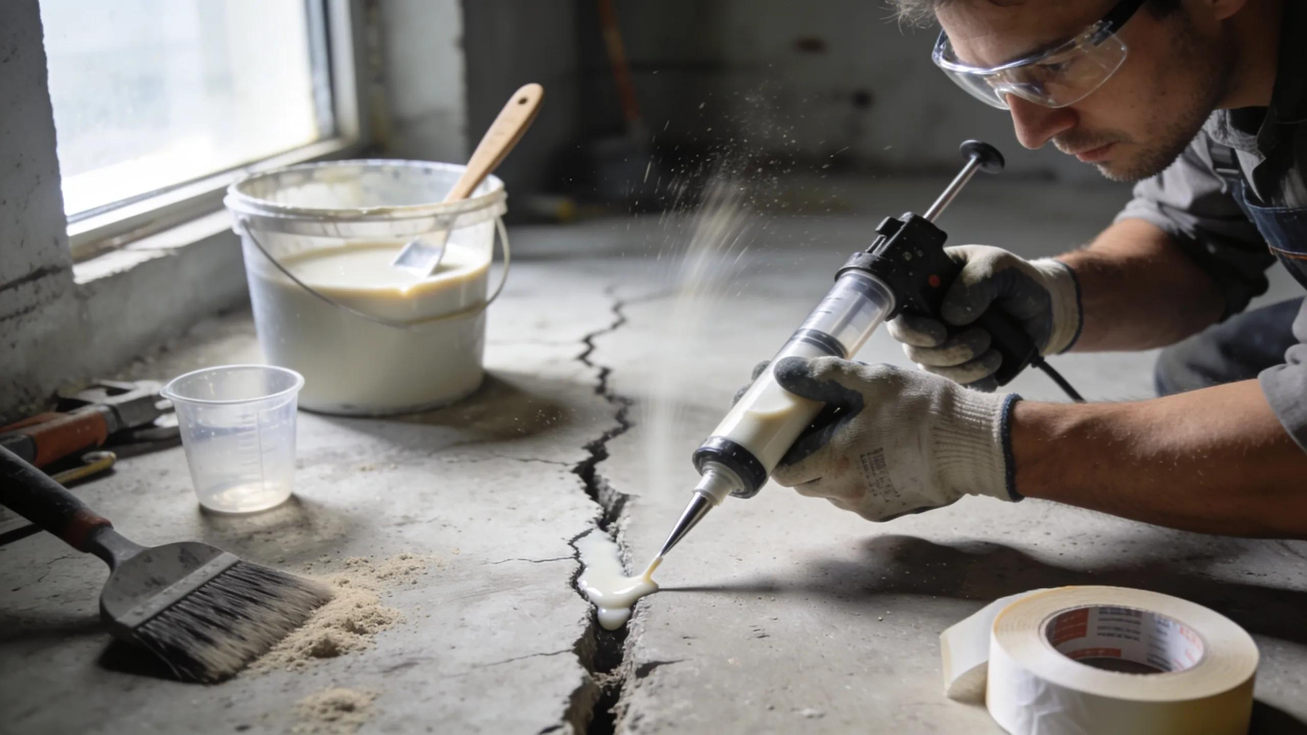 Contractor using epoxy injection technique to repair deep cracks in a concrete surface