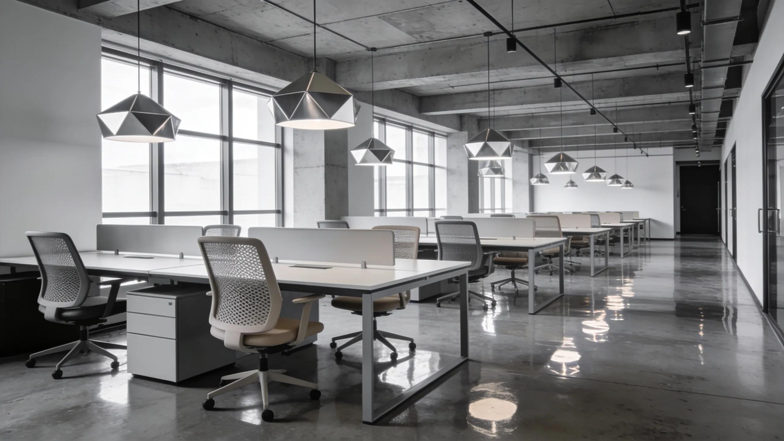 Stylish office with polished concrete floors, demonstrating modern design and durability in high-traffic areas
