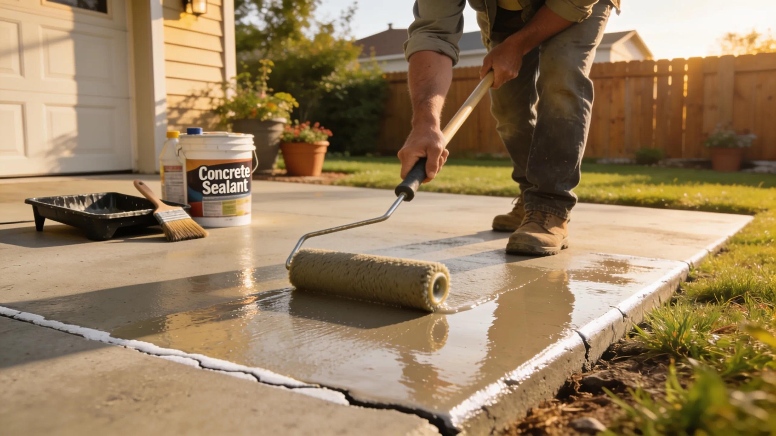 Concrete sealant application on driveway, protecting against moisture and wear.