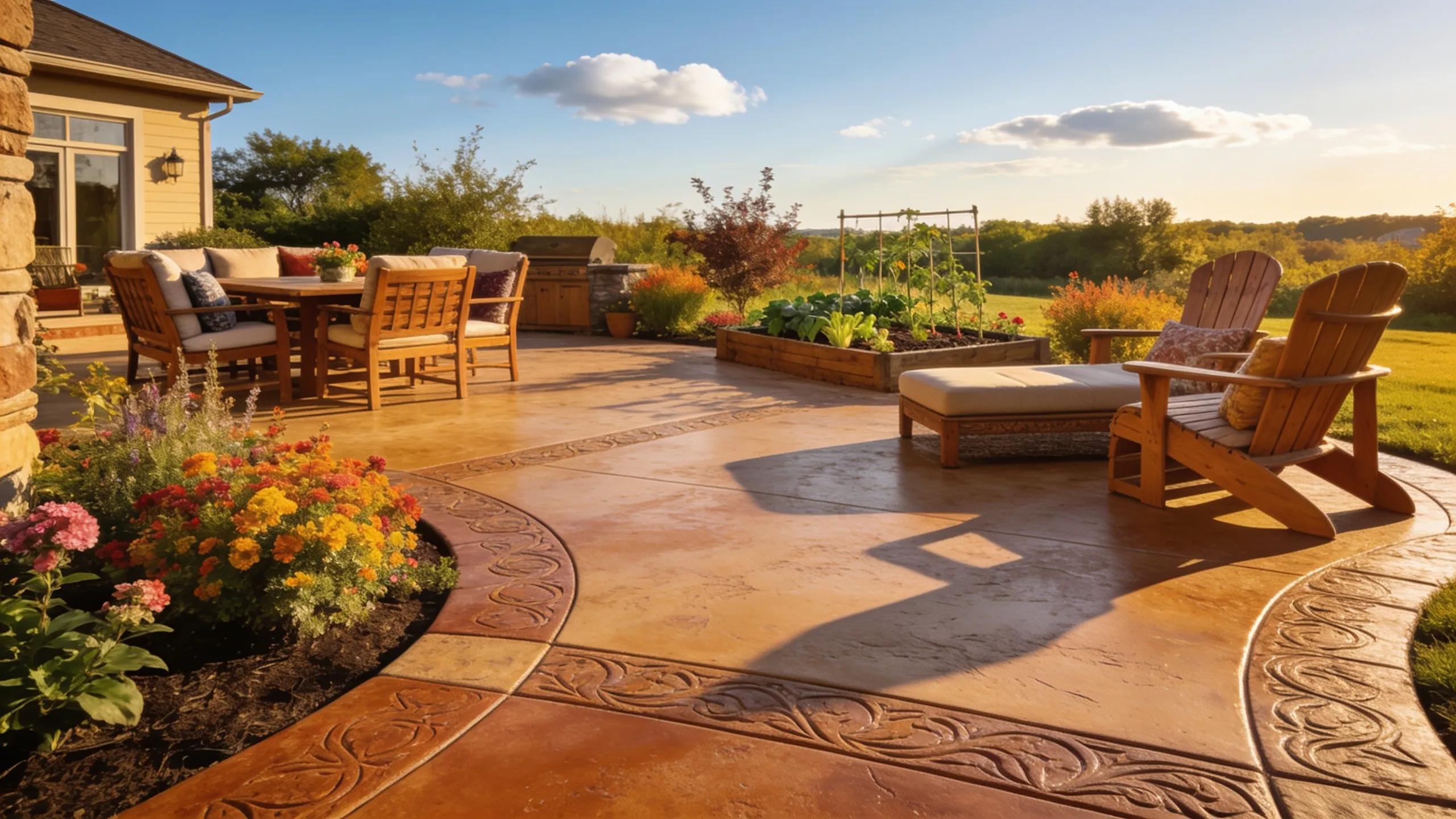Stamped concrete patio design in Milwaukee backyard with outdoor furniture and landscaping