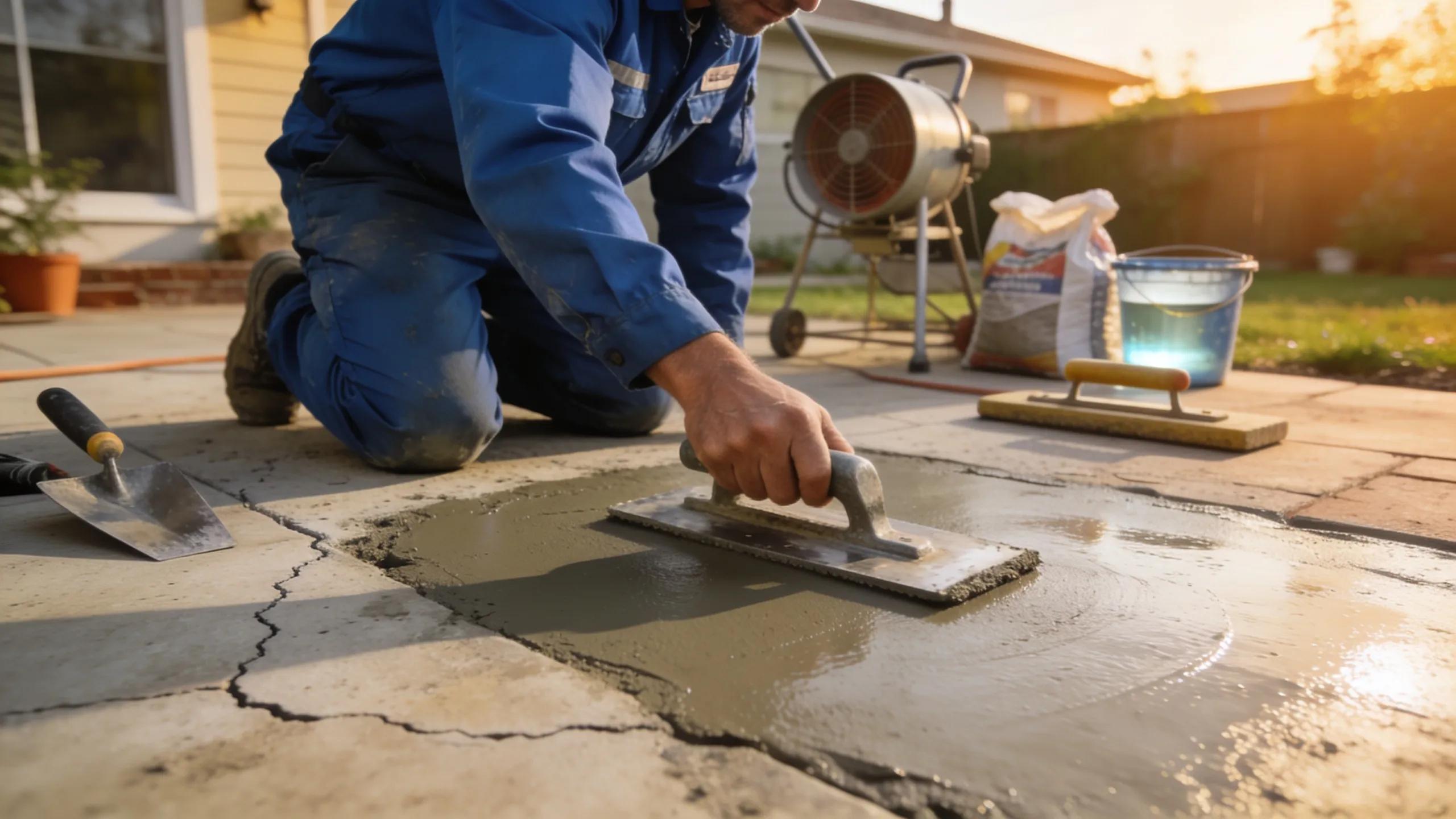 Technician applying concrete resurfacing technique in a residential yard, highlighting effective repair methods