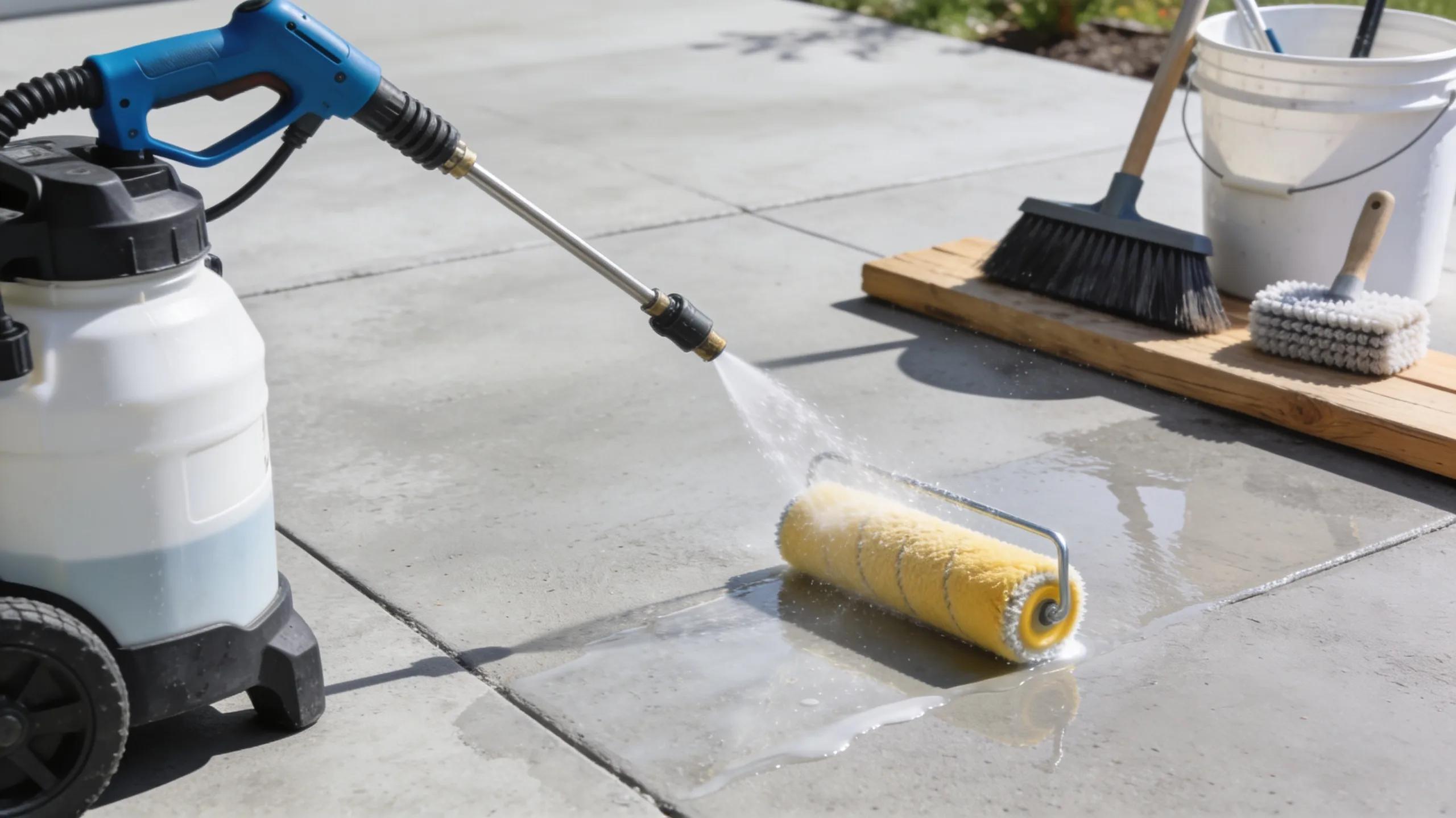 Well-maintained concrete patio with cleaning tools emphasizing upkeep and durability for long-lasting outdoor enjoyment