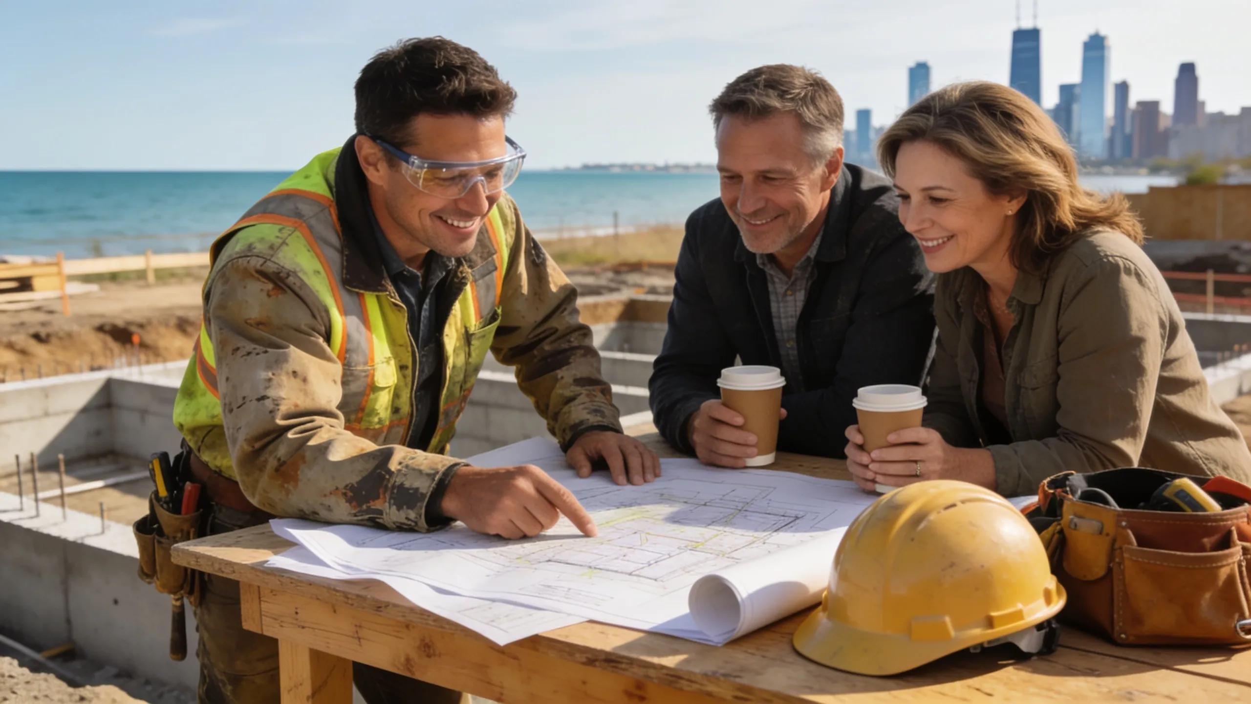 Local contractor consulting homeowners about concrete foundation options in Milwaukee