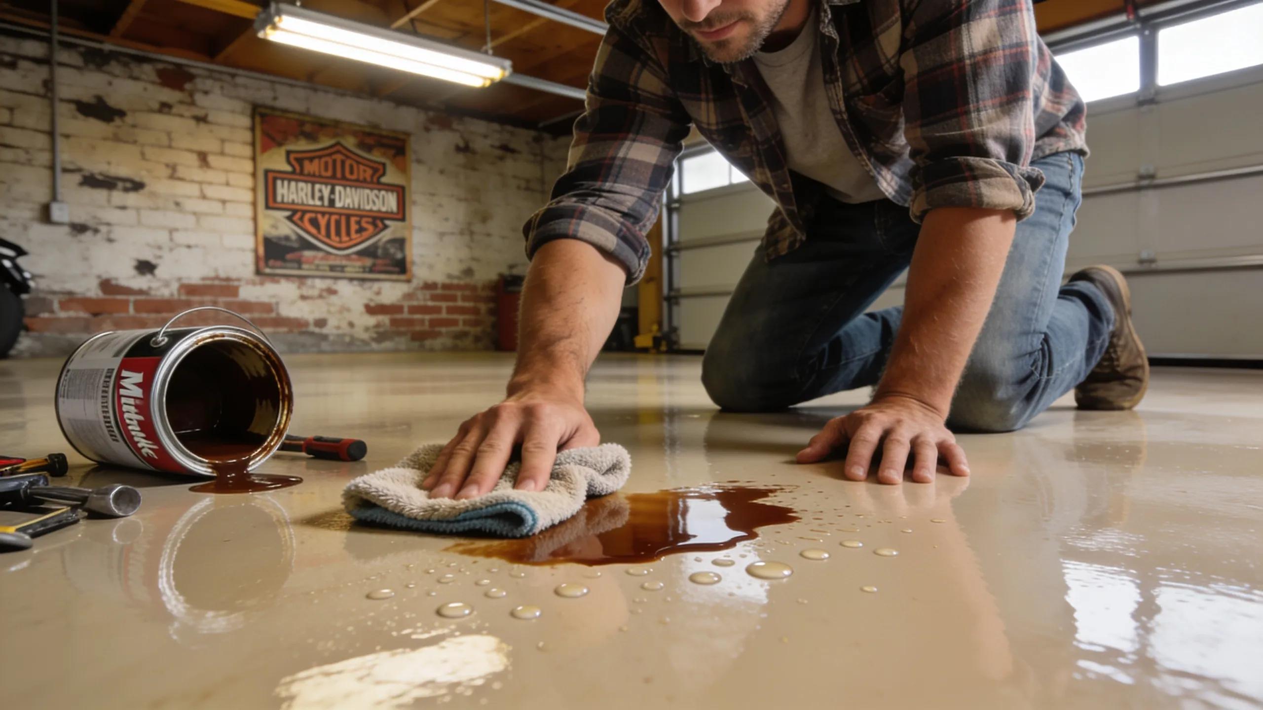Man applying sealer to concrete garage floor, demonstrating maintenance and protection against moisture.