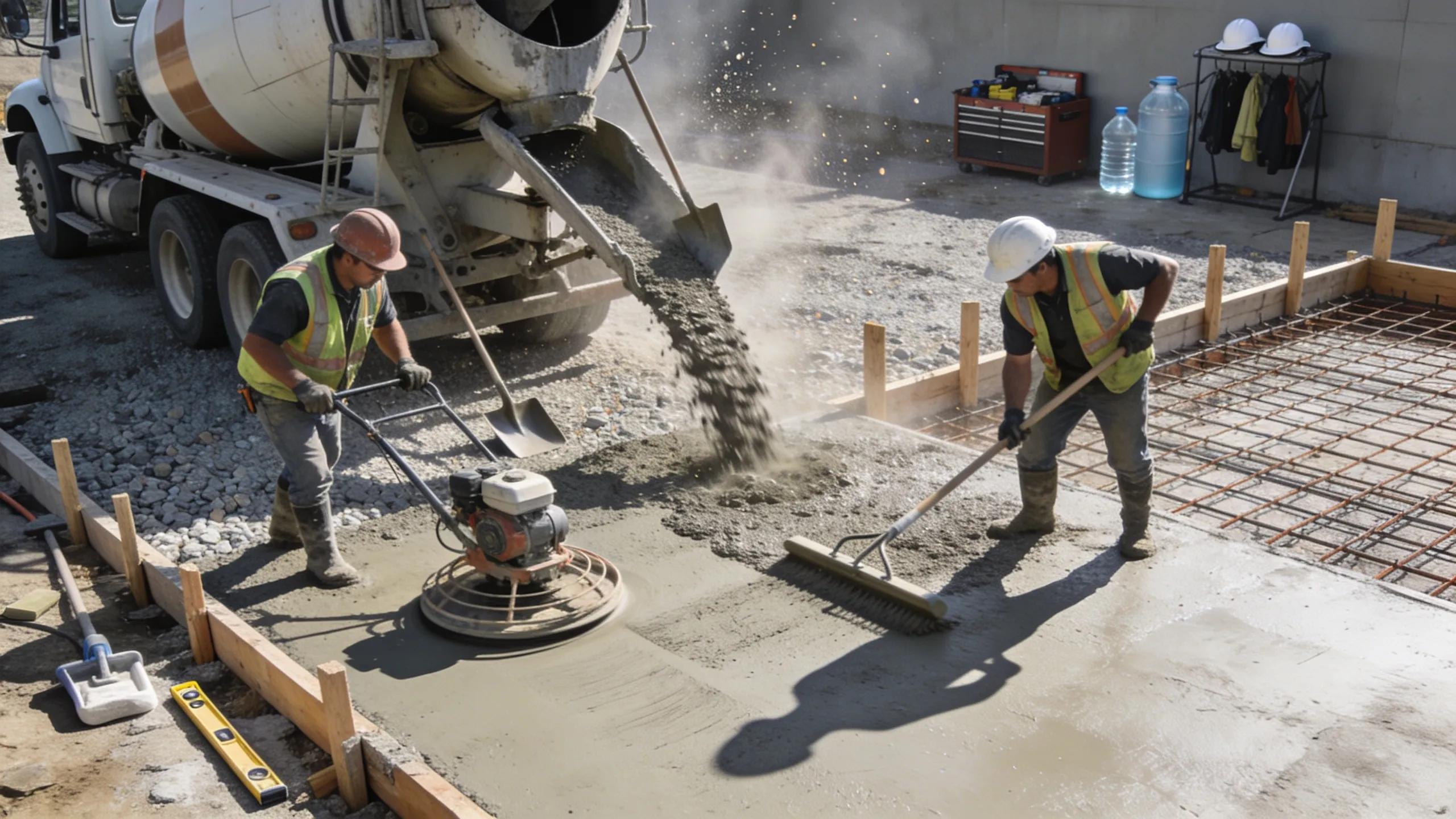 Skilled workers performing the concrete patio installation process with tools and equipment visible on-site