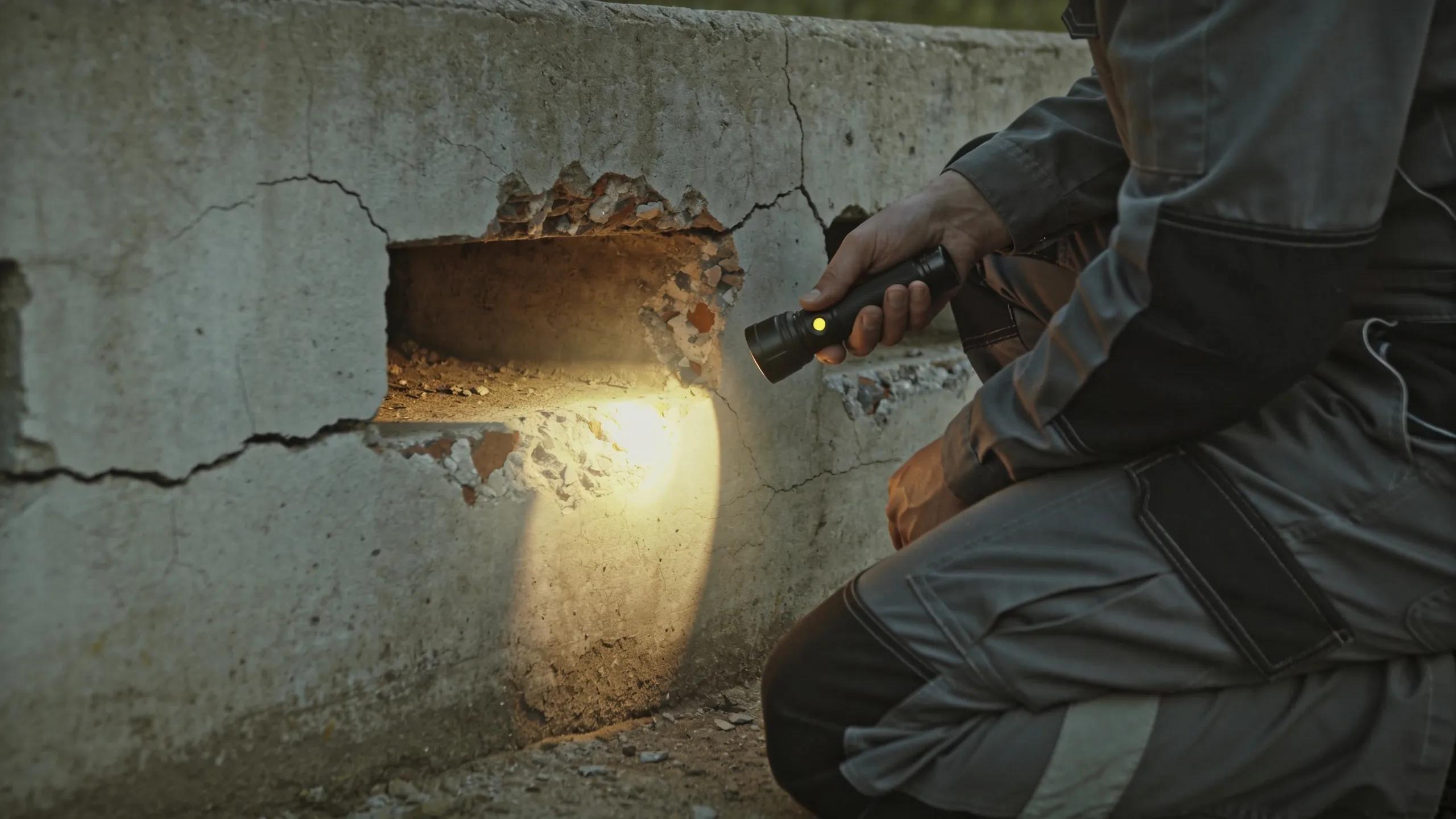 Homeowner inspecting cracks and spalling on a concrete surface with a flashlight to assess damage