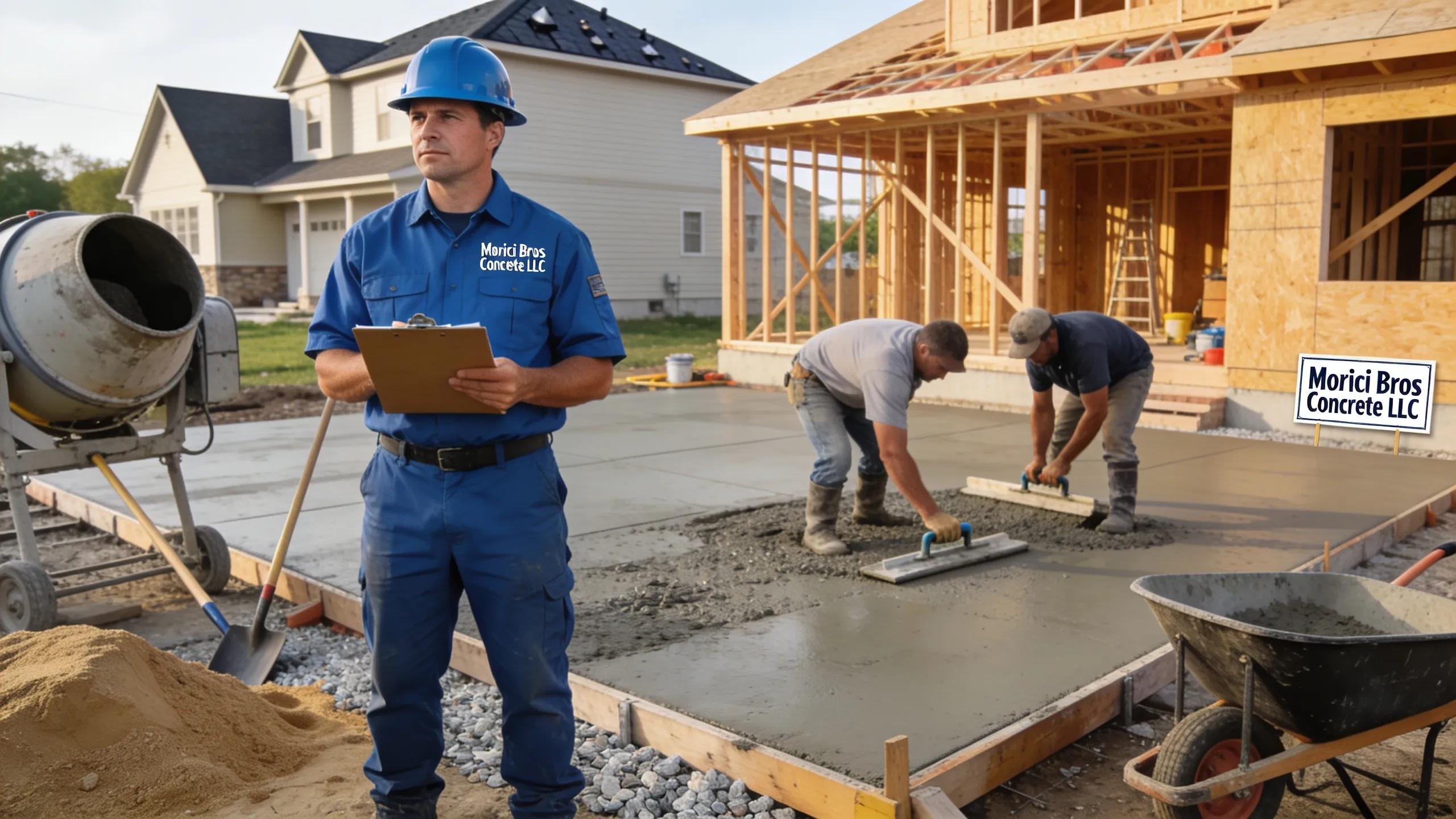 Morici Bros Concrete LLC worker inspecting concrete patio installation process in Wisconsin.