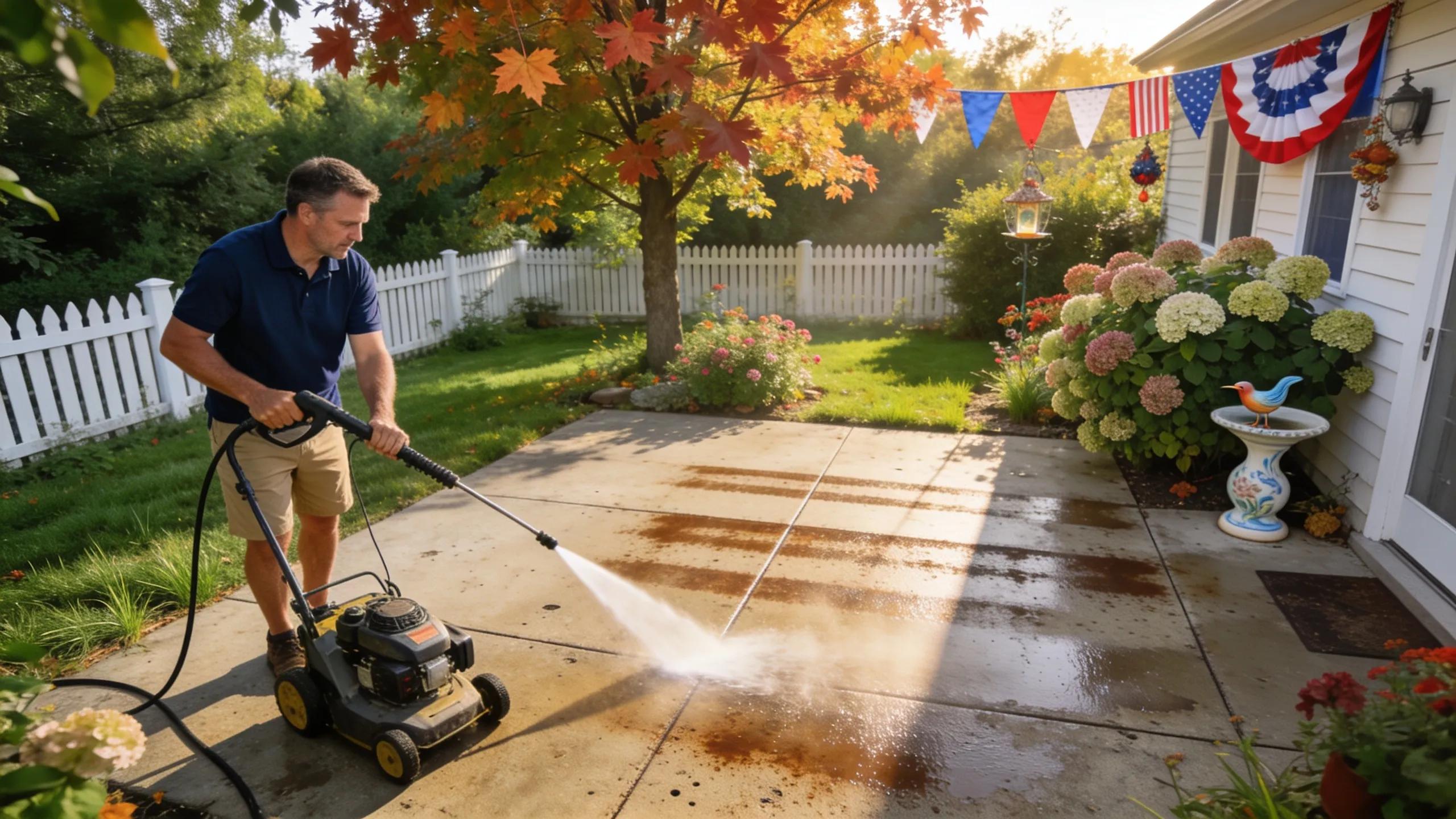 Man power washing concrete patio for maintenance and cleaning in Wisconsin yard.