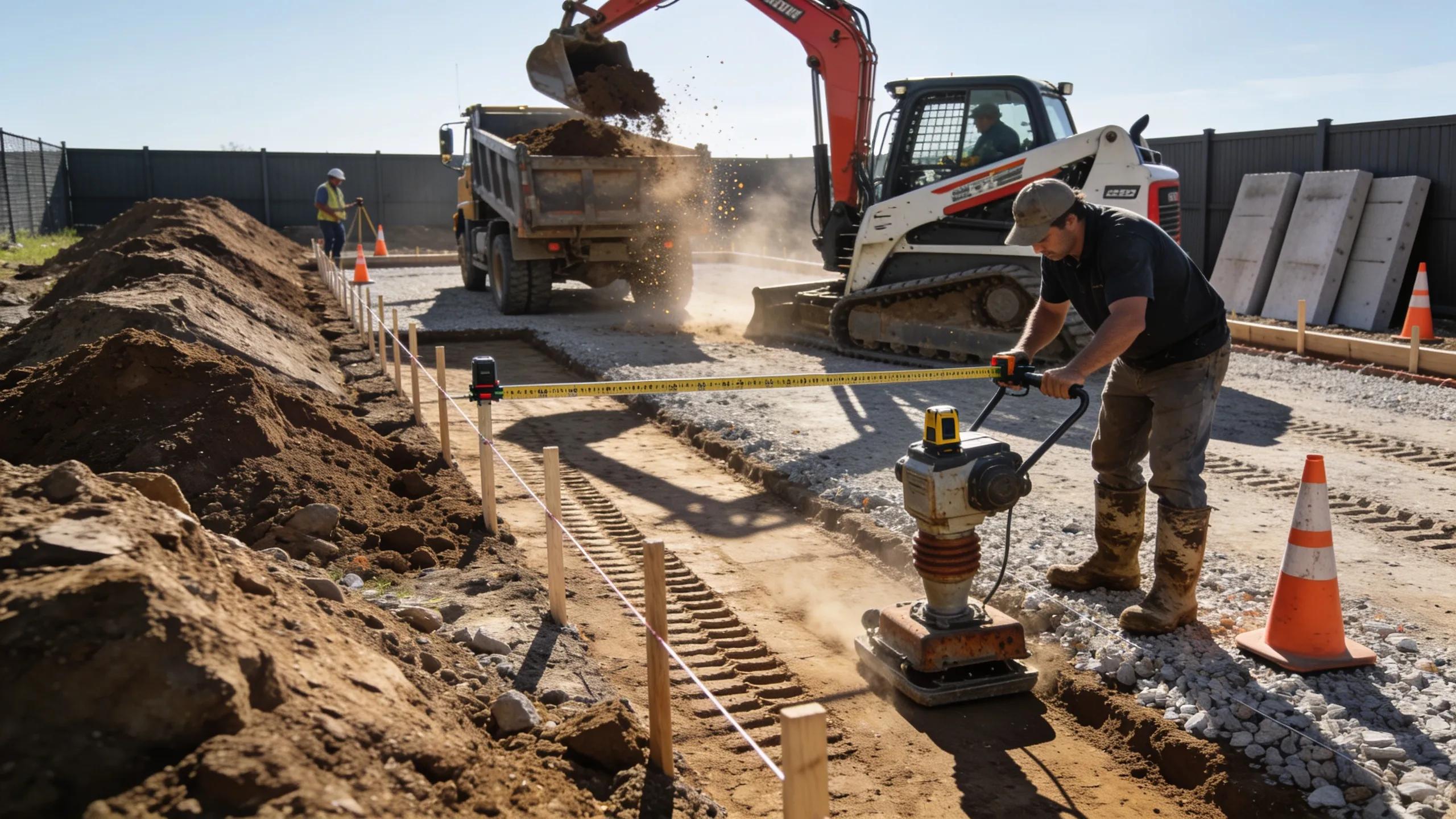 Excavation and soil preparation for concrete driveway installation in Southeastern Wisconsin.