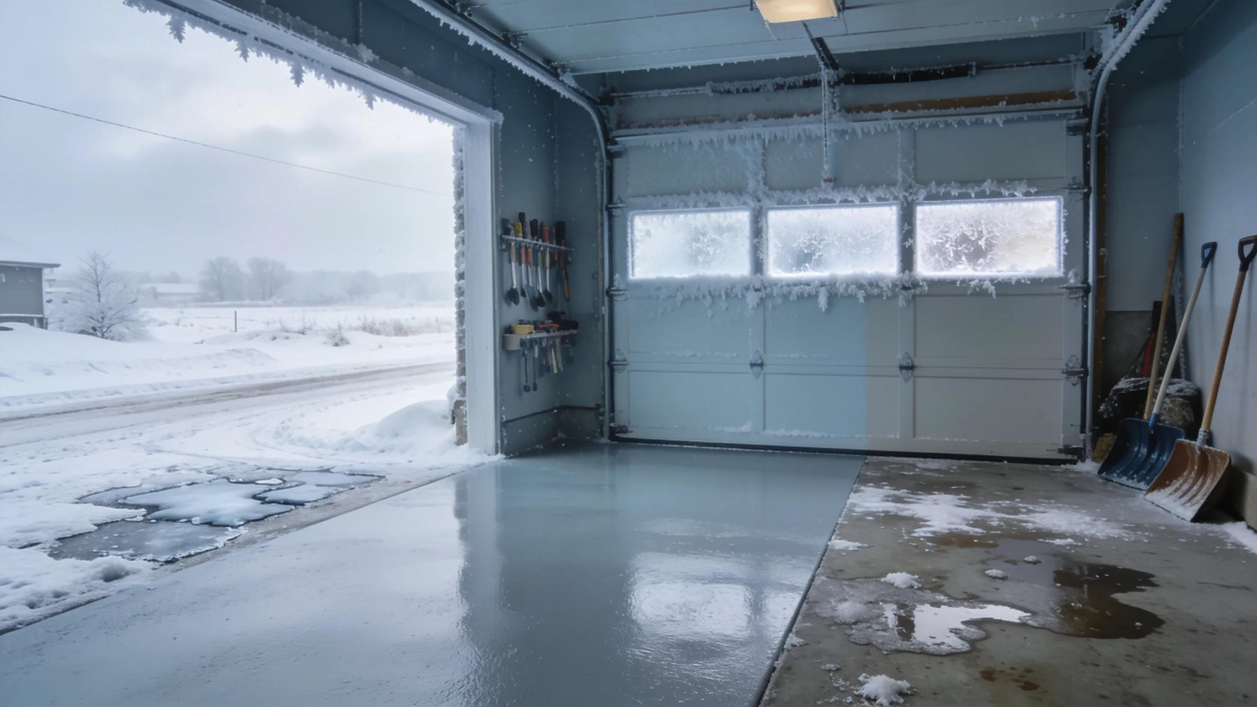 Snow and ice accumulation on garage door and floor illustrating Milwaukee's freeze-thaw cycles.