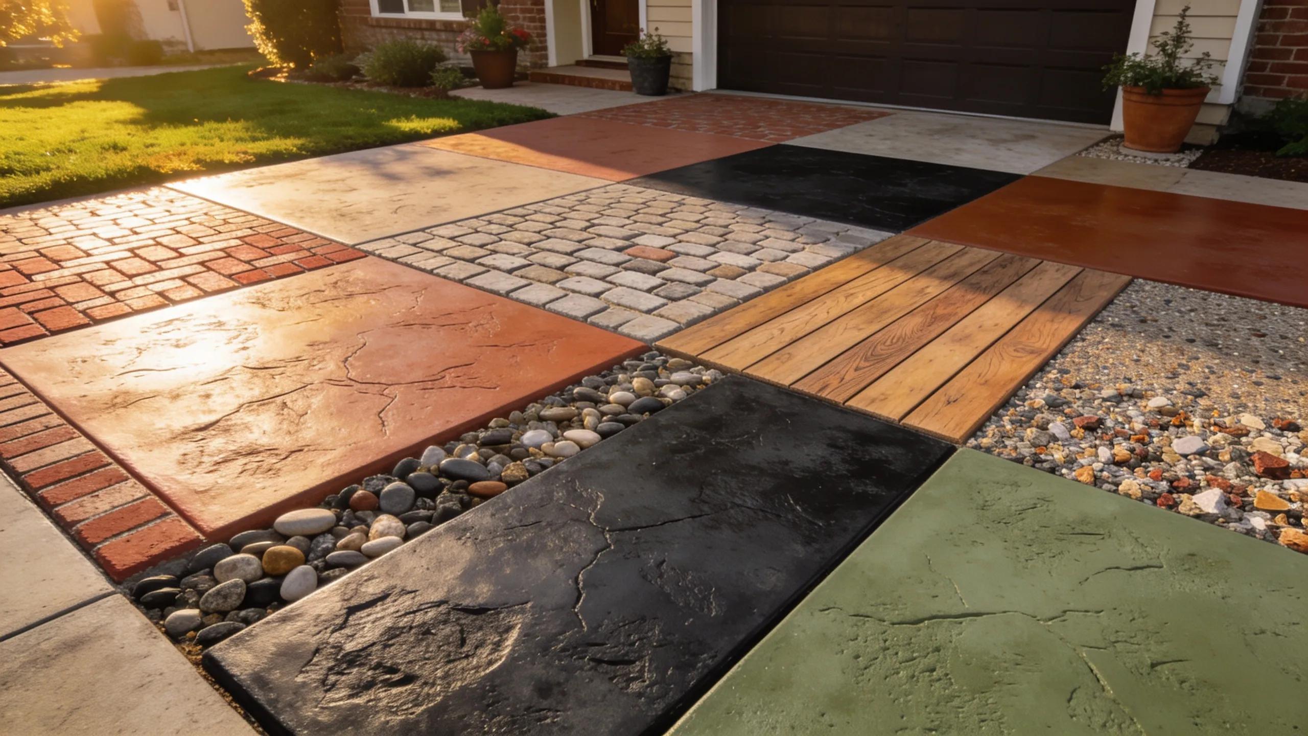 Decorative concrete driveway options showcasing stamped and stained patterns and exposed aggregate finishes.
