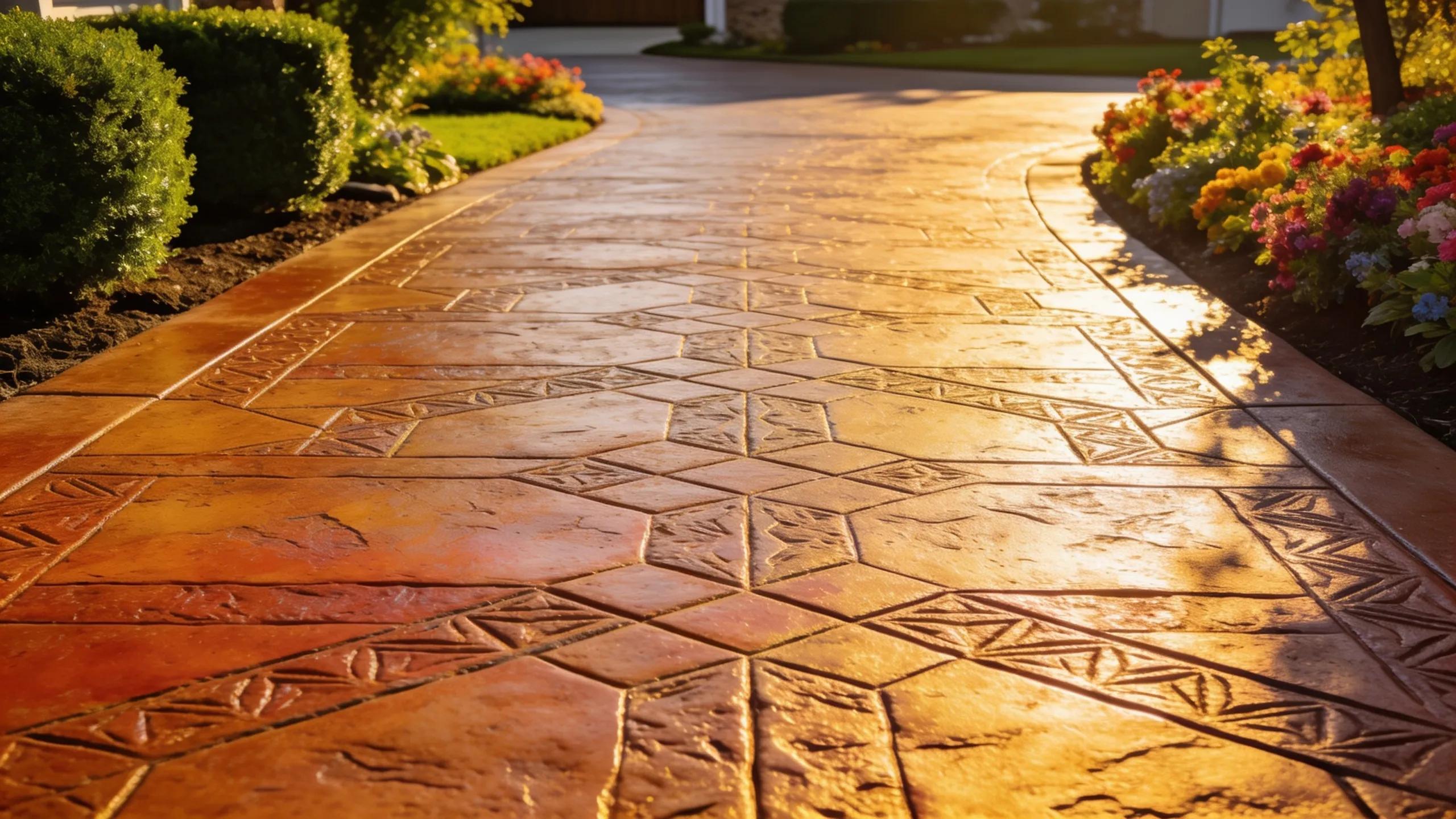 Beautiful stamped concrete driveway with intricate patterns and landscaping features