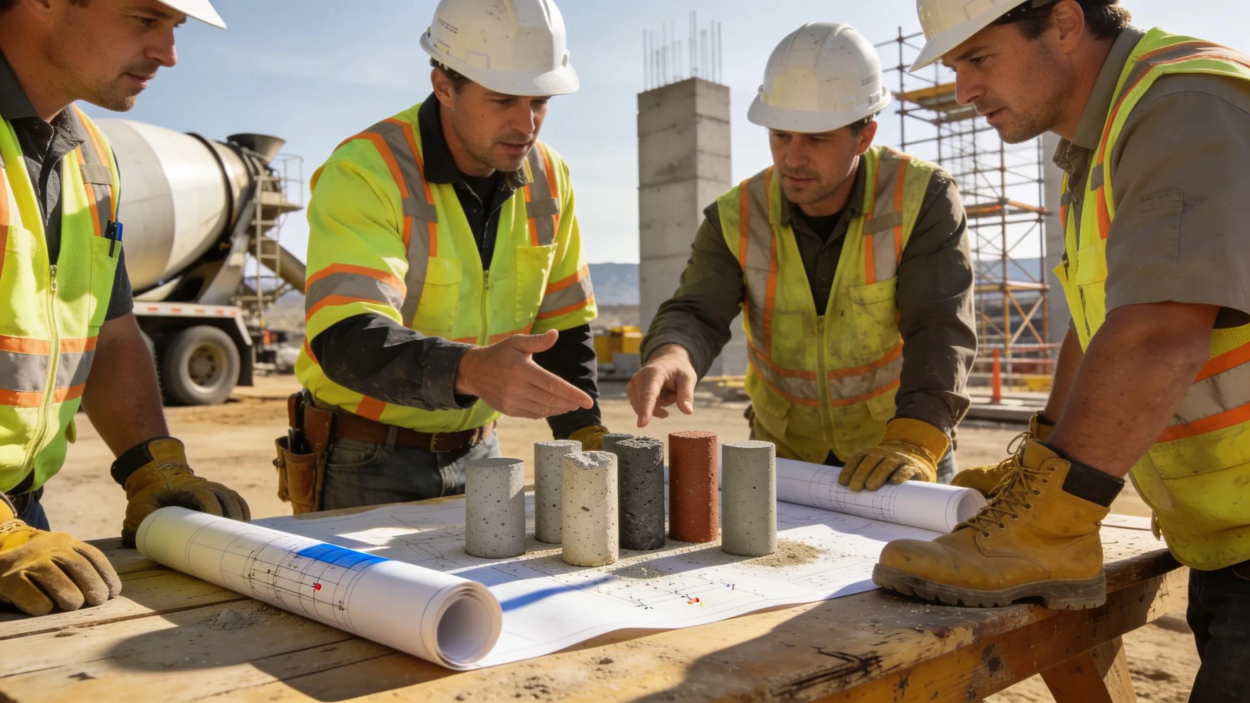 Team of concrete restoration specialists collaborating at a construction site in Utah, emphasizing teamwork and professionalism