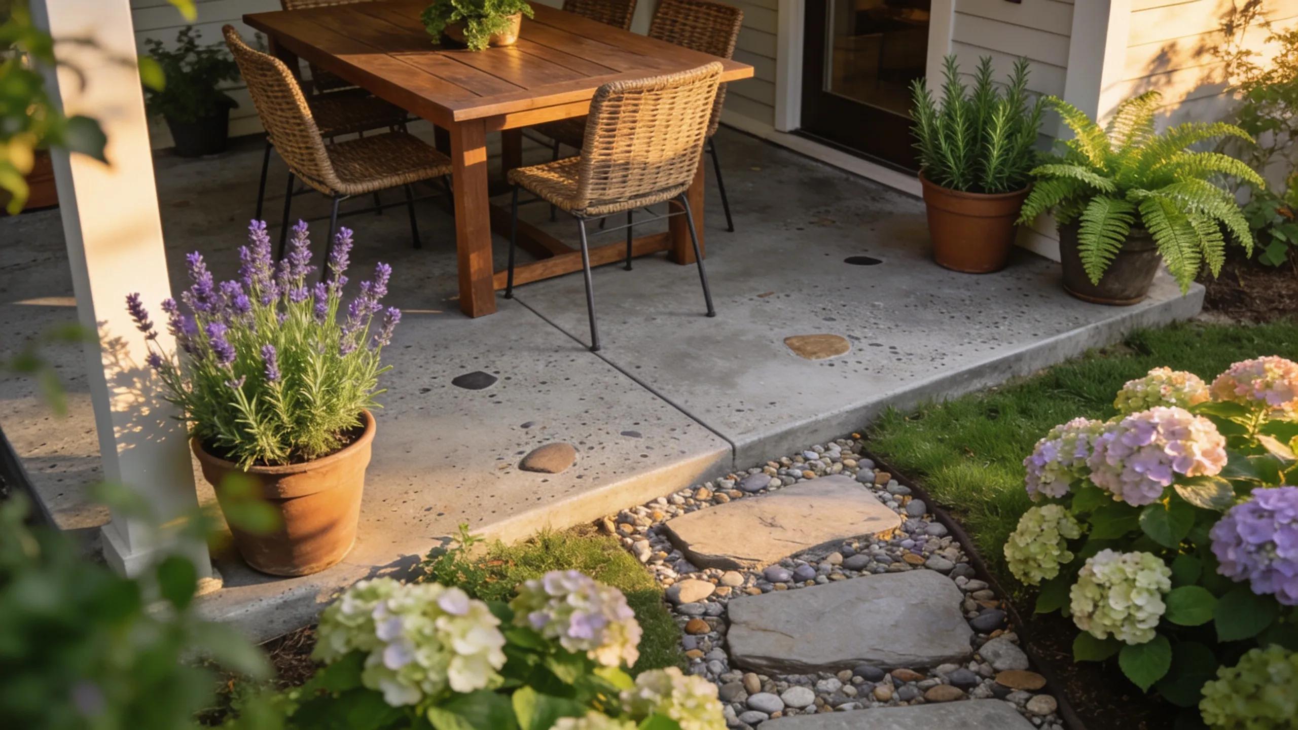 Exposed aggregate concrete patio showcasing natural beauty and slip-resistant texture in an outdoor setting