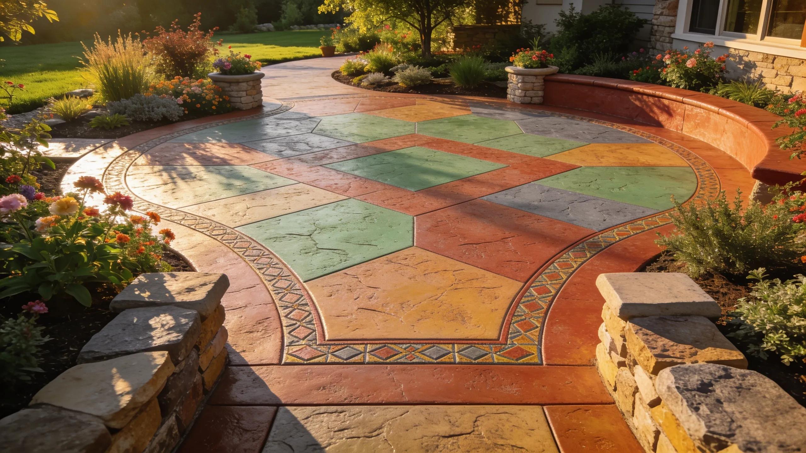 Customized concrete installation featuring stamped concrete patio and landscaping, demonstrating client-specific solutions