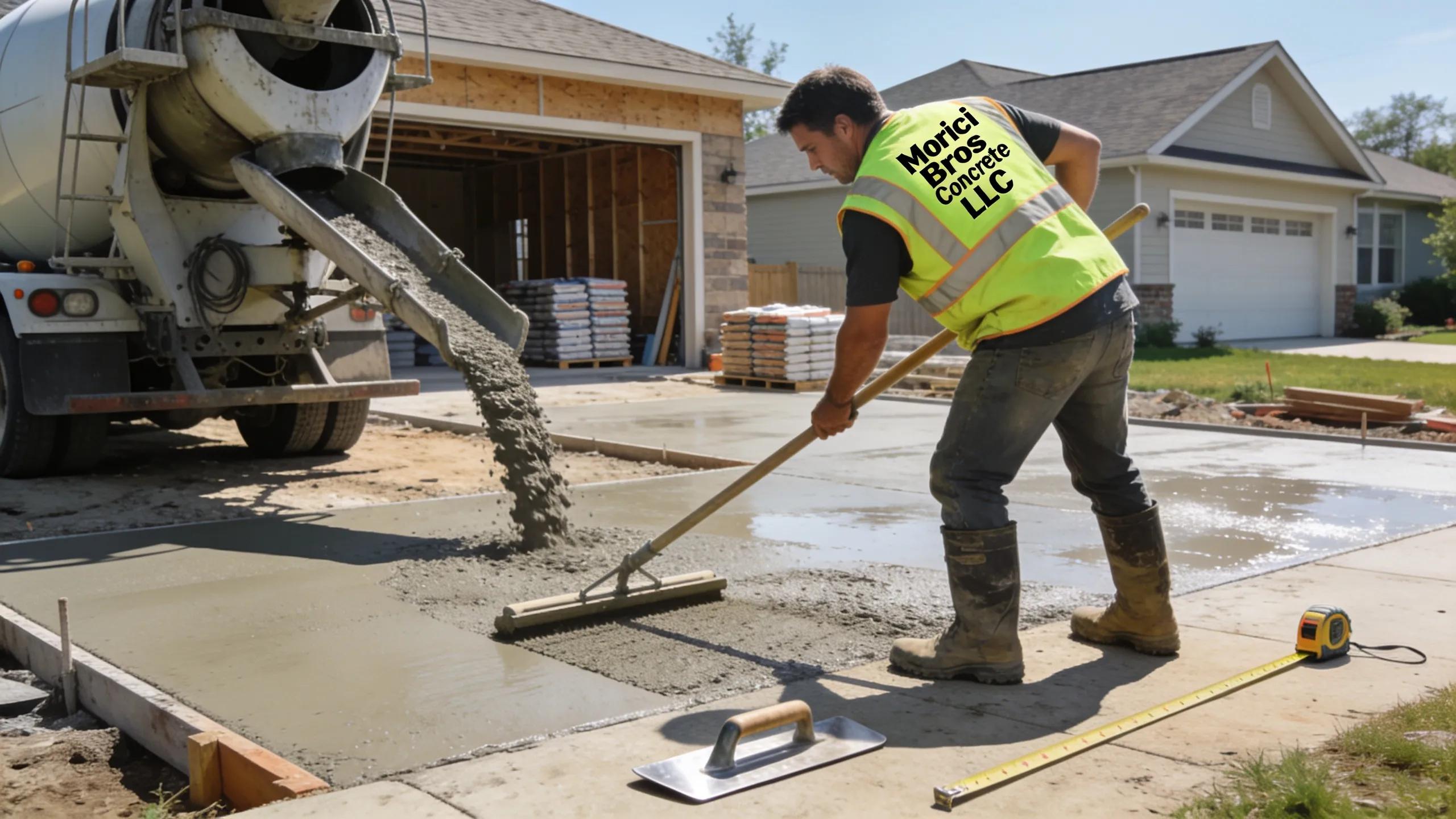 Morici Bros Concrete LLC worker pouring and leveling concrete for a new driveway installation.