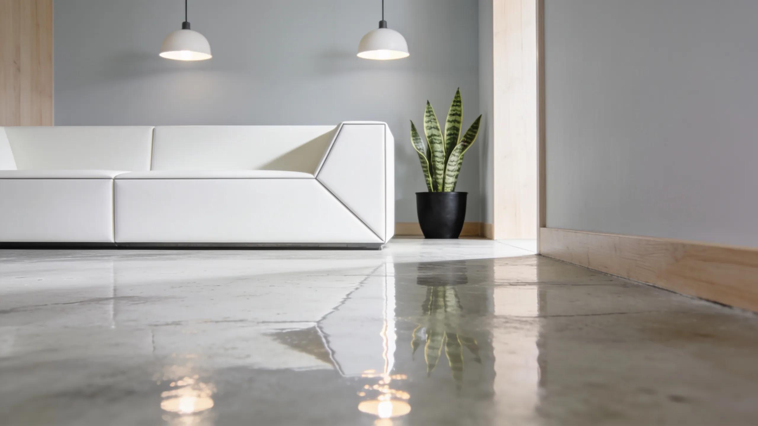 Close-up of a glossy polished concrete floor in a modern interior setting, highlighting its durability and aesthetic appeal
