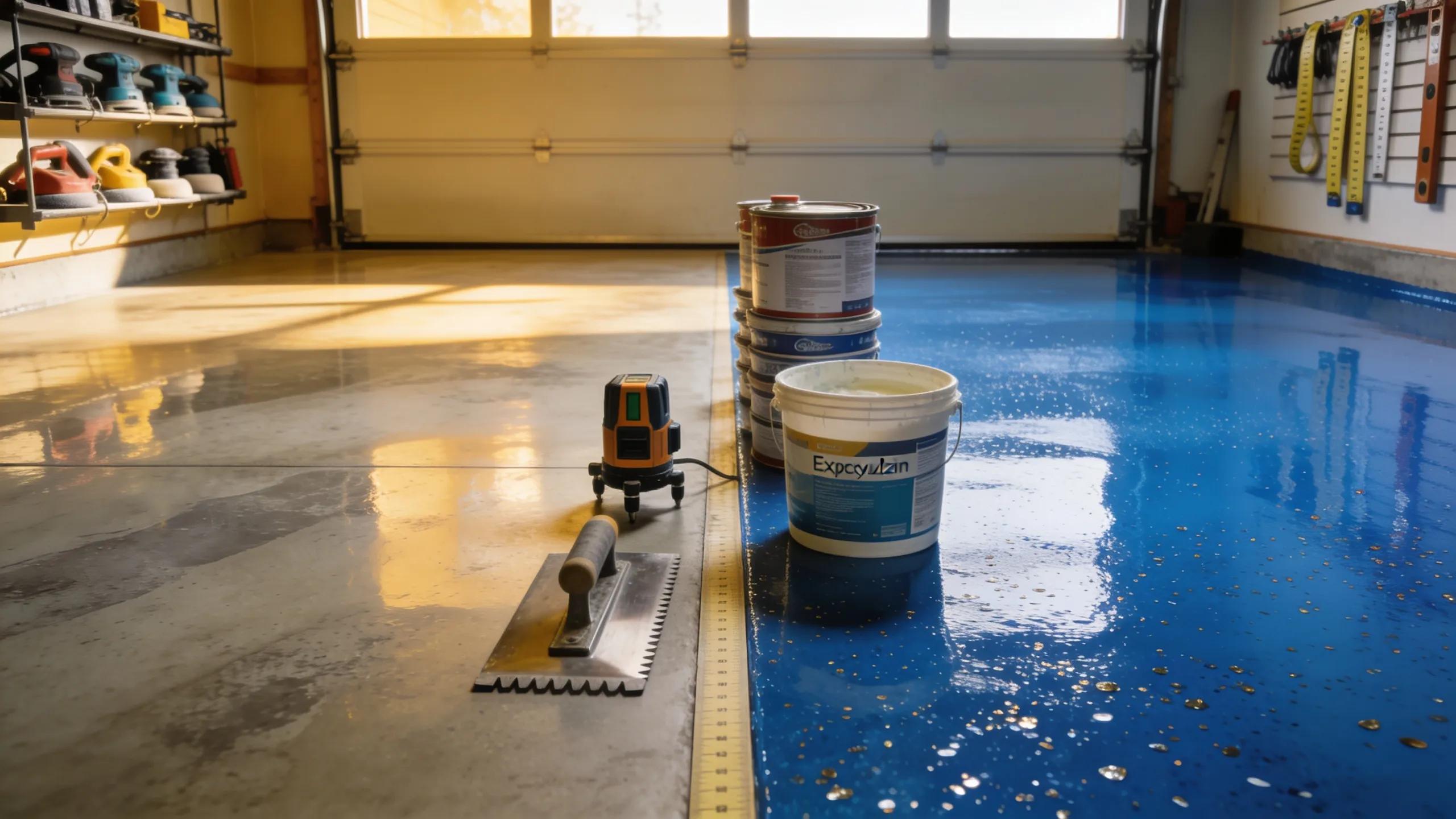 Blue epoxy garage floor with tools and paint buckets, concrete flooring installation in Milwaukee