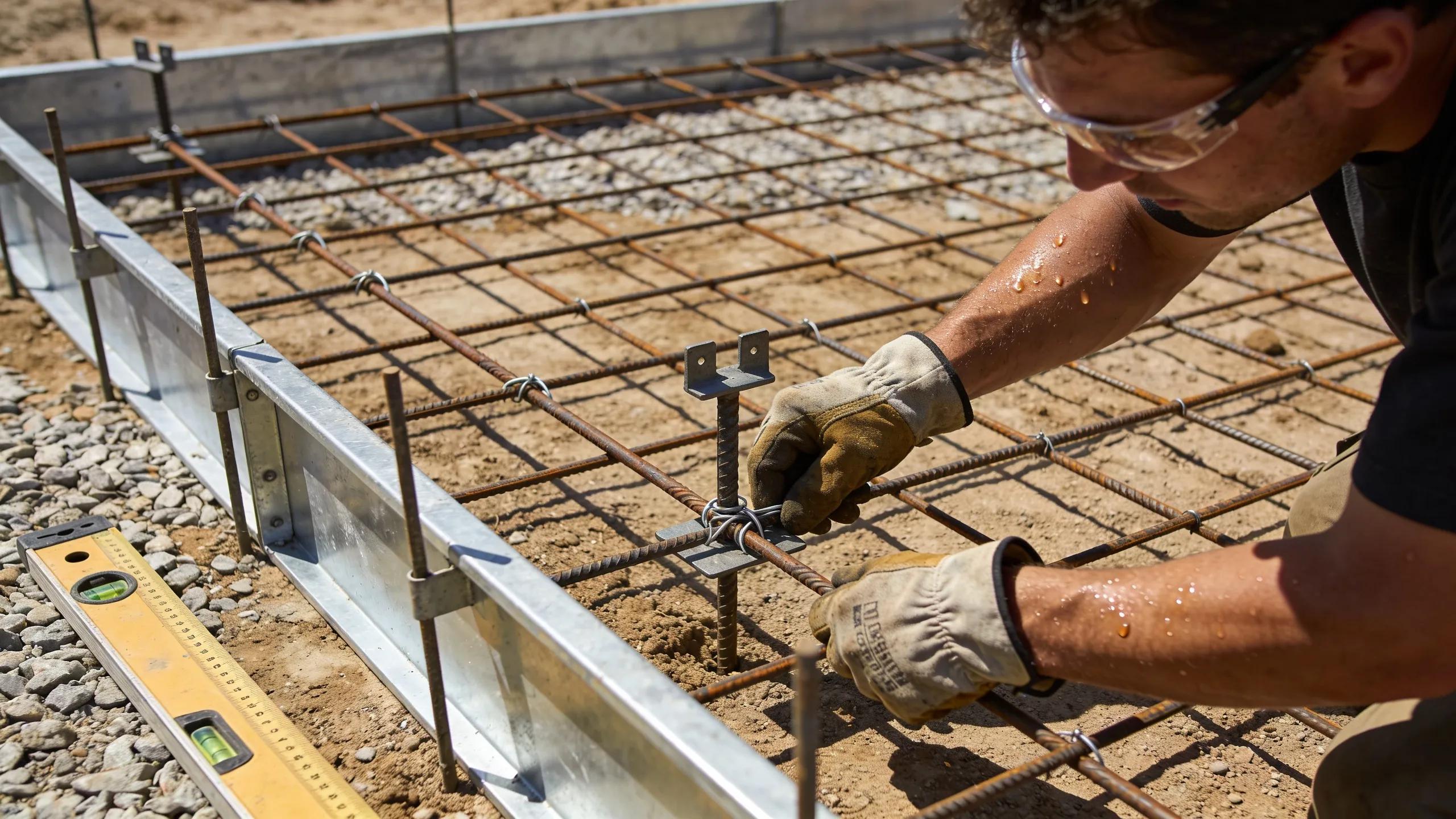 Skilled technician preparing sub-base with rebar for concrete driveway installation