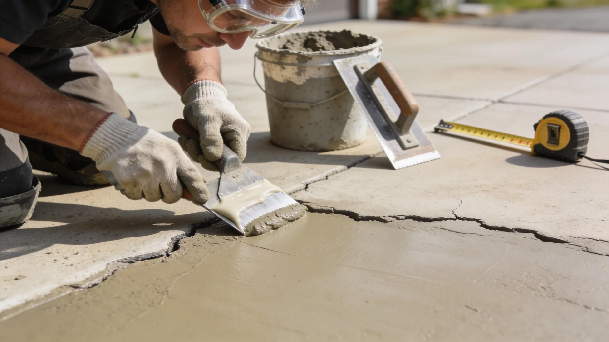 Expert craftsmen repairing a concrete driveway using sealants and resurfacing techniques.