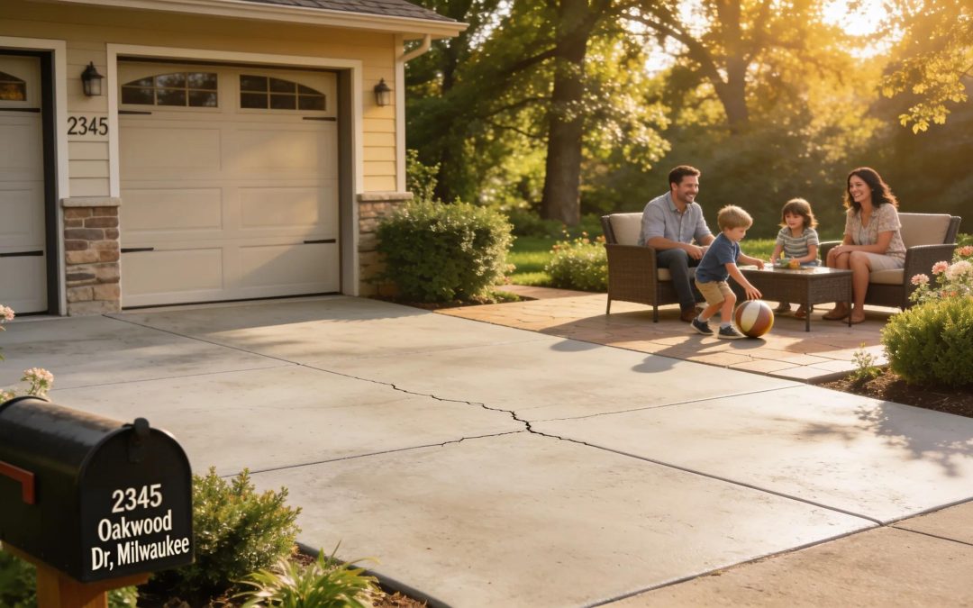 Durable and aesthetically pleasing residential concrete patio and driveway in a sunny Milwaukee backyard