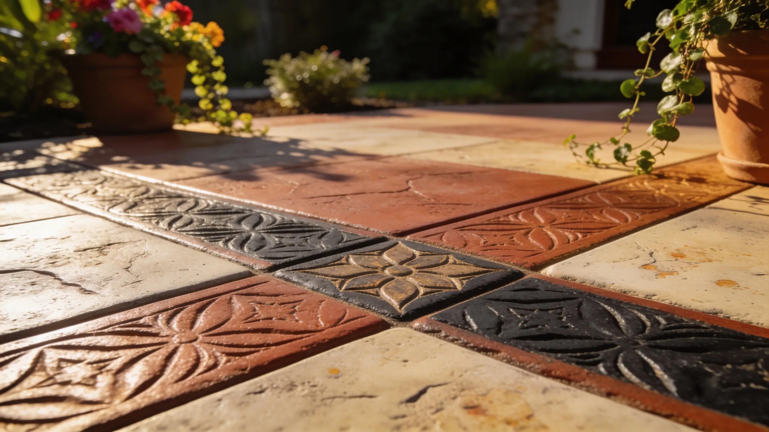 Close-up of decorative concrete patio showcasing unique patterns and textures, illustrating aesthetic benefits